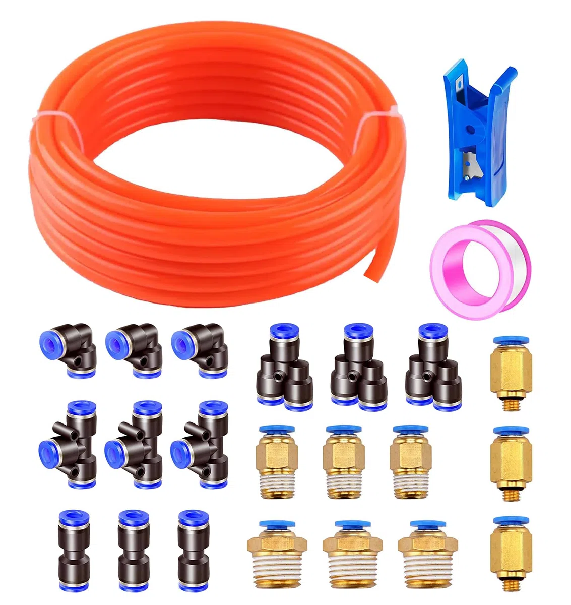 HUAZIZ Manguera neumática de poliuretano de 20 m, manguera neumática de poliuretano de color naranja, flexible, con 21 conectores neumáticos, acoplamientos rápidos Air Push, exterior 8 mm x interior 5