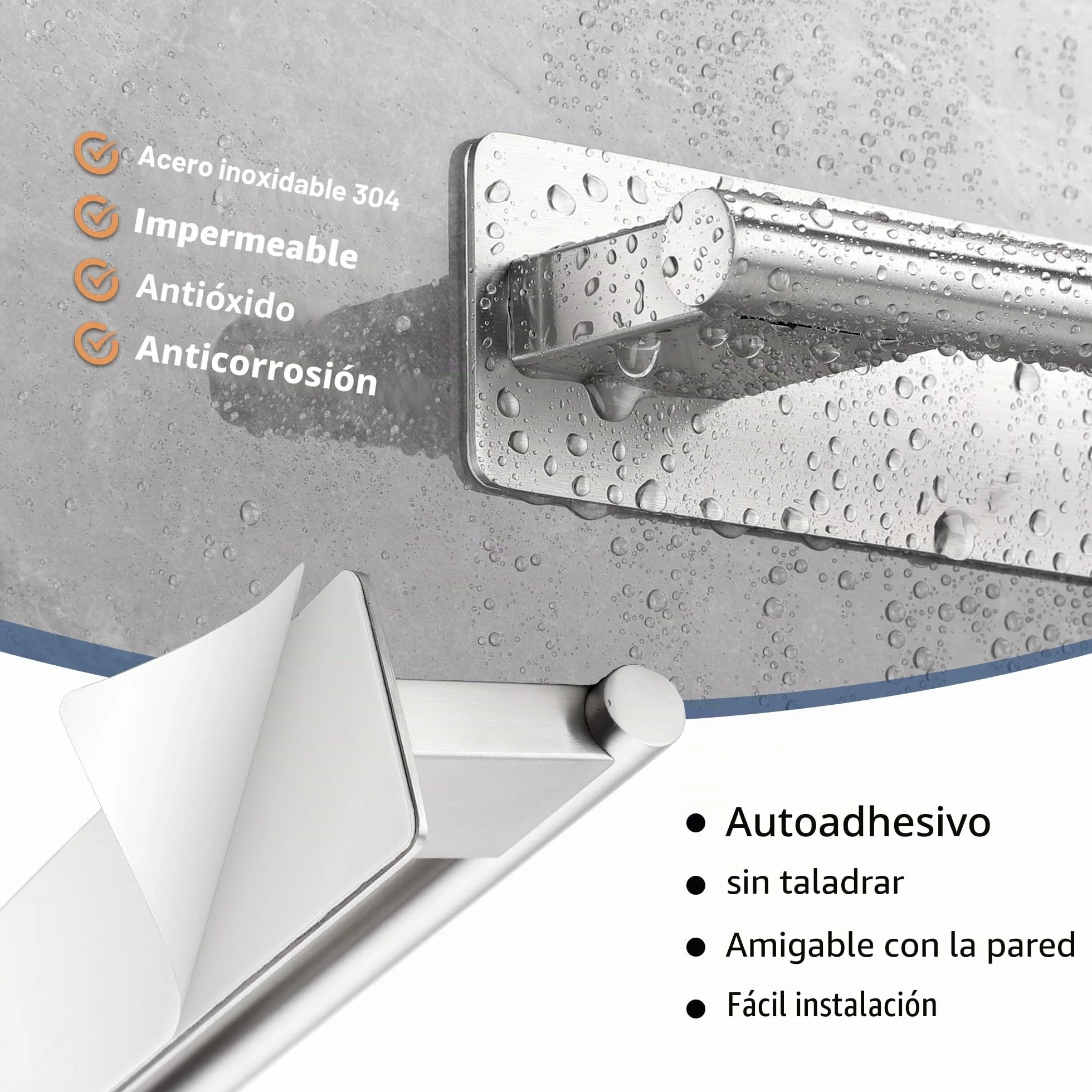 Toalleros de Baño Acero Inoxidable 304 Cepillado sin Taladro Adhesivo 28CM Plata