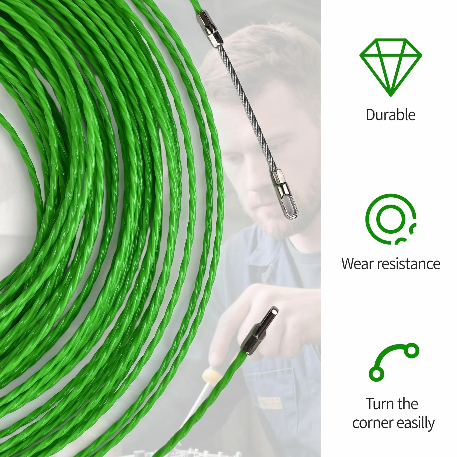 Guia Pasacables 30m, Enhebrador de Alambre Electrico Diámetro 4mm, Guia Dispositivo Pasacables con 2 Muelle Guía, Pasacables Trenzada para Tubería Conducto Cable, Comunicación