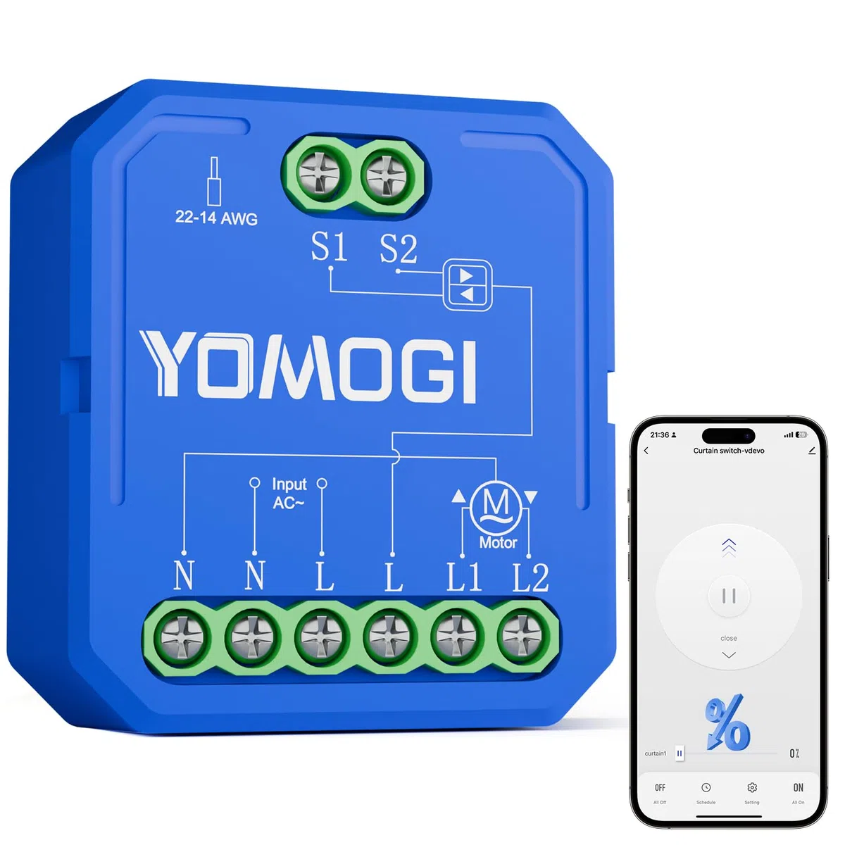 YOMOGI Módulo de Persiana Conectada, Módulo Interruptor para Persianas WiFi, Compatible con Alexa Google Home para Control Porcentual Remoto, por Voz, Sin Mando a Distancia (1)