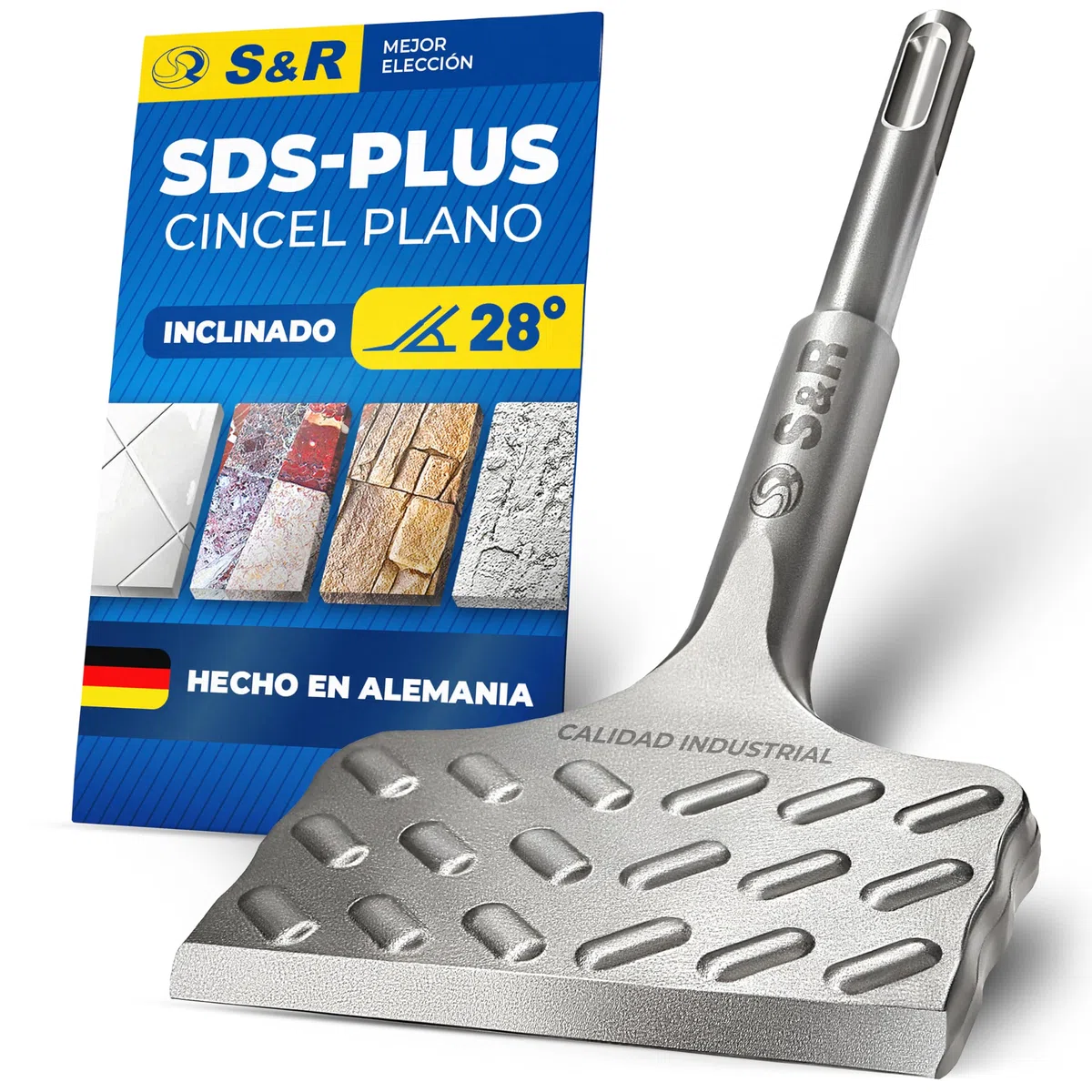 S&R Cincel SDS Plus Pala por Azulejos y Baldosas 180/165 x 75 mm ángulado 28° MADE IN GERMANY/Calidad Industrial para Martillo Perforador