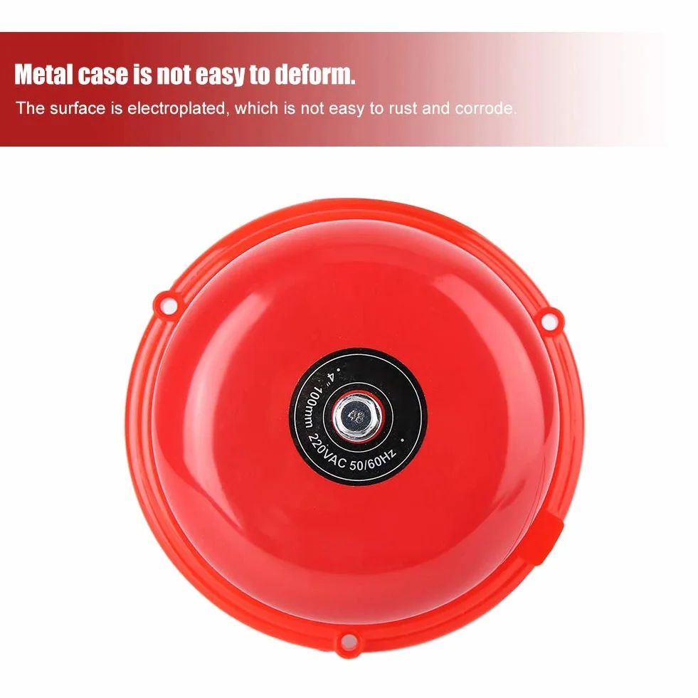 Timbre Eléctrico de Alarma contra Incendios, 4 Pulgadas, Metal, 100db, 220V, Rojo, Montaje en Pared o Techo