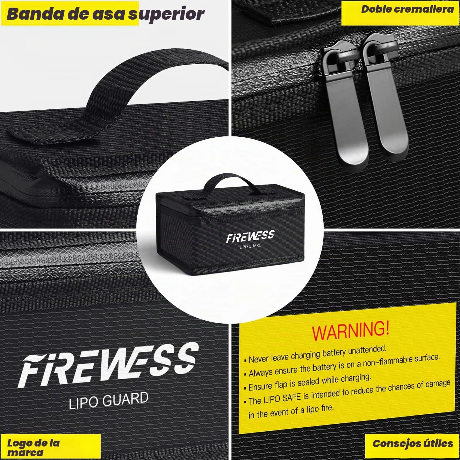 Paquete de 2 bolsas de seguridad Lipo ignífugas, bolsa de batería de litio ignífuga y a prueba de explosiones, bolsa protectora de almacenamiento de batería Lipo para carga y almacenamiento