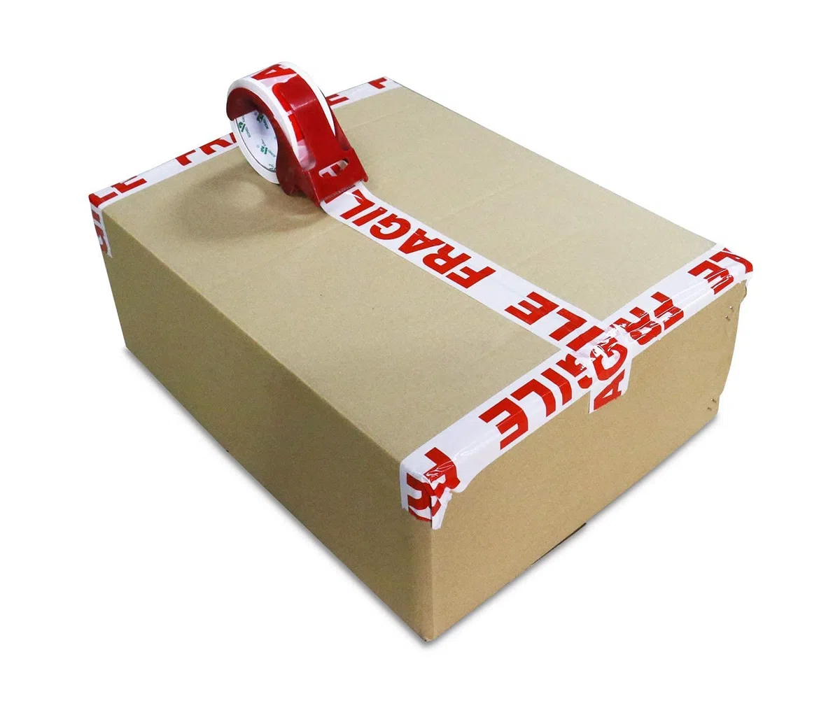 BOMEI PACK Cinta de Embalaje Frágil con Dispensador, 48mm x 66m, Paquete de 6 rollos - Cinta de Embalaje Fuerte Para Uso Regular o Para Mudanza - Sella Fácilmente tus paquetes y cajas