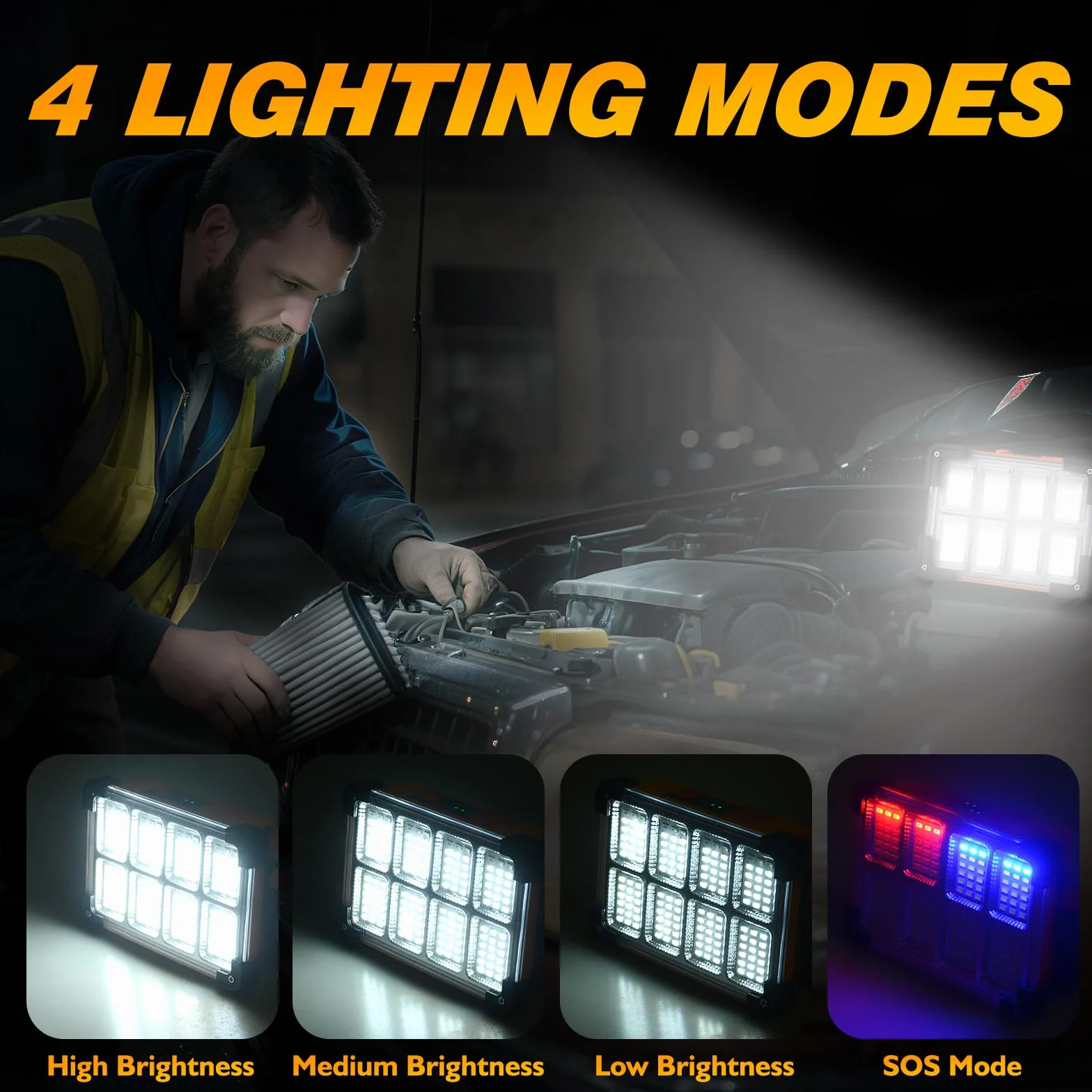 Foco LED Recargable Solar, 4 Modos Luz LED Recargable de Exterior, 6000 mAh Impermeable Luz de Trabajo Portátil para Camping, Jardín, Pesca, Garaje, Emergencia