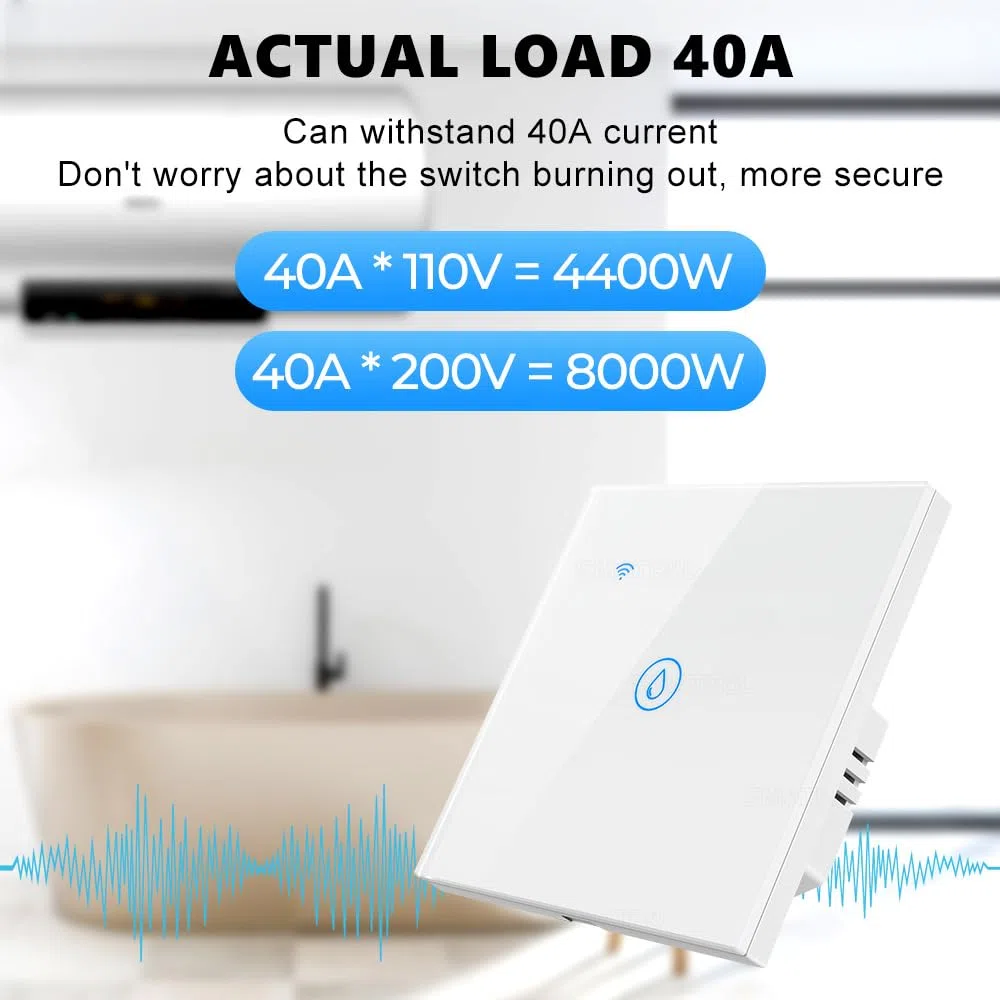 WiFi Smart Heater Timer Switch Wall Touch Boiler Switch Compatible con Alexa, Home, Smart Life App (Blanco, 40A 8000W)