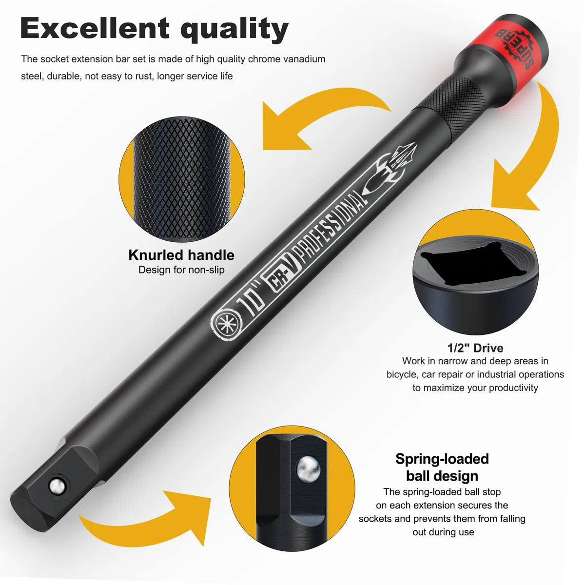 Juego de 3 Barras de Extensión 1/2", Extension Carraca 75 mm 125 mm 250 mm, CR-V Alargaderas de Vaso para Mantenimiento de Coches