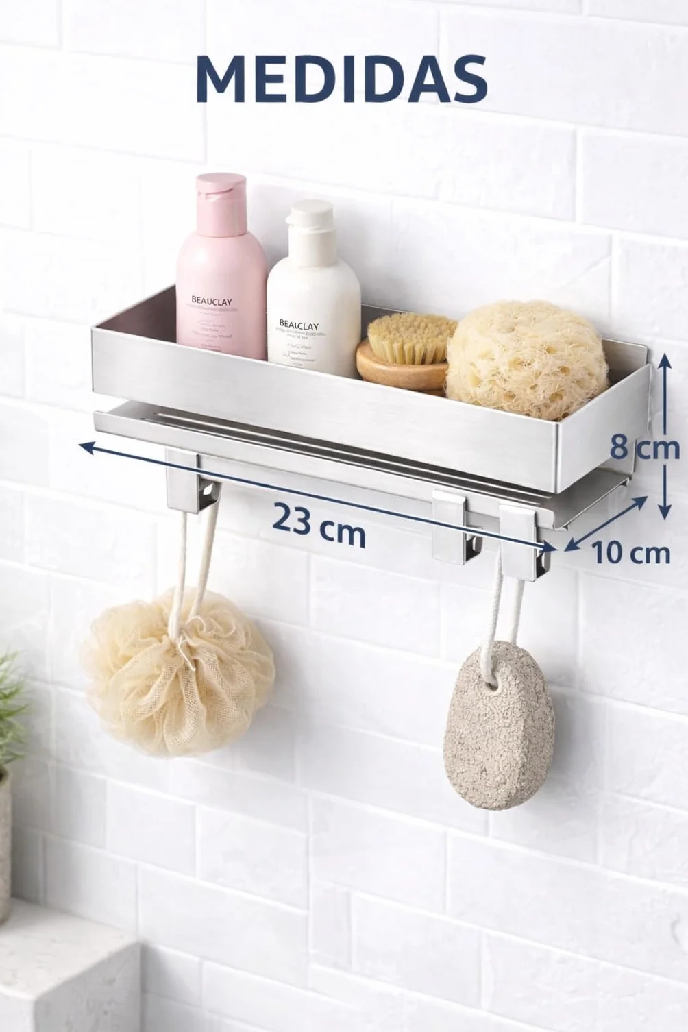 MandA - ESTANTERIA Baño SIN Tornillos + 2 Ganchos de Acero Inoxidable - Organizador Ducha SIN Taladro - Adhesivo – Baldas Pared sin Agujeros – Accesorios Modernos para Organizar y Decorar Estanterías