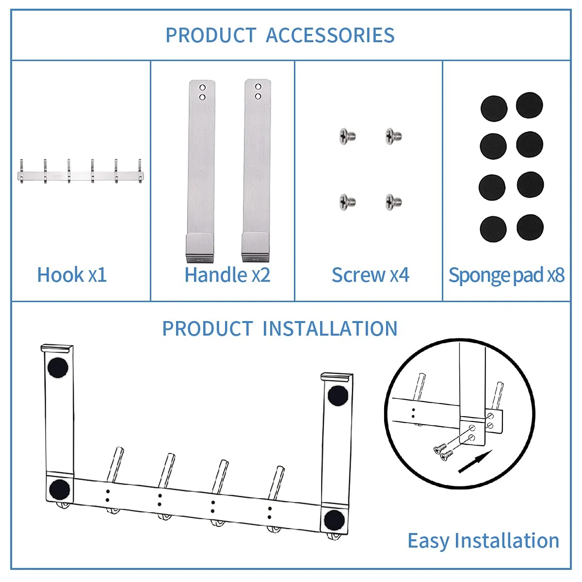 YUMORE Perchero para Puerta 45mm Colgador de Puerta con 12 Ganchos Acero Inoxidable Perchero Percha para Colgar Chaquetas Ropa Toallas Bolsos Almacenamiento para Baño Pasillo Dormitorio, Plateado