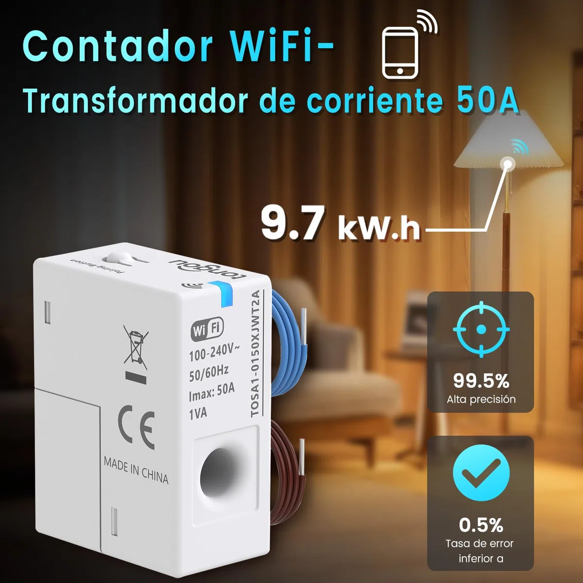 Tongou Monitor de energía WiFi, medidor de energía Smart Wifi, 1 fase, transformador de corriente con detección CT para hasta 50 A, medidor de energía mediante aplicación Smart Life, medición de