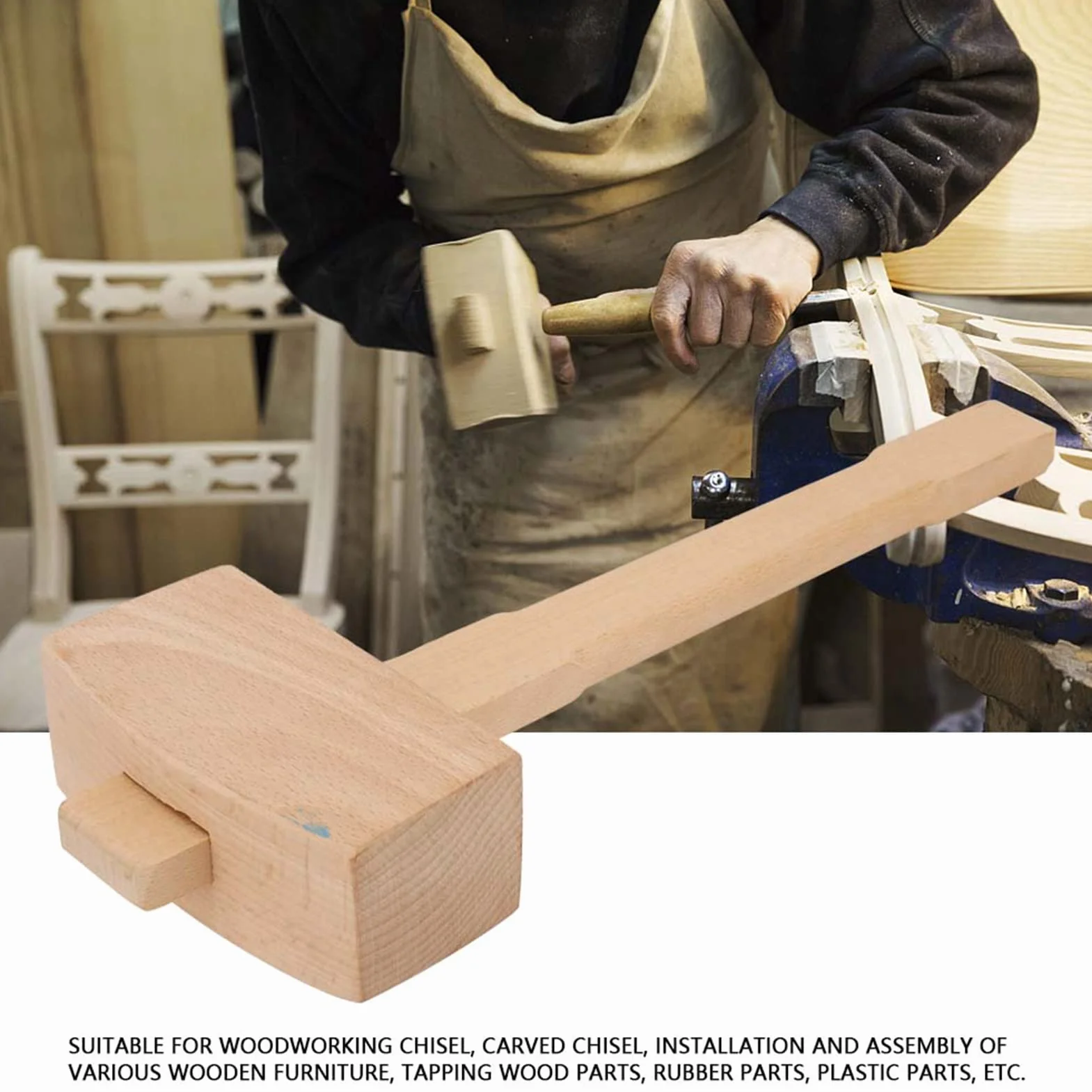 Mazo de Madera Profesional para Carpintería, Martillo para Tallar y Cincel, Herramienta de Carpintería con Mango, Talla L