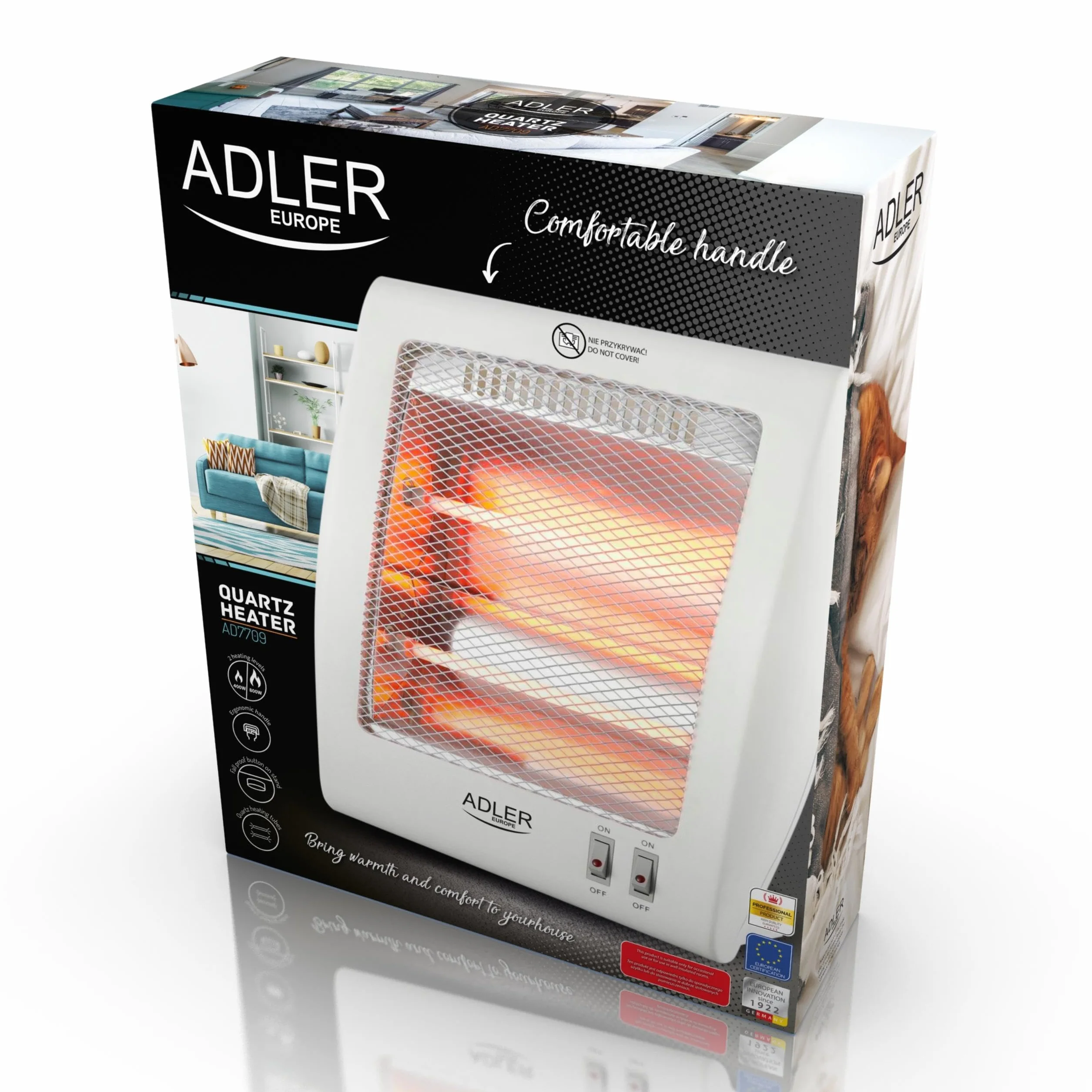 Adler AD7709 Estufa eléctrica de cuarzo portátil, radiador halógeno, 2 niveles temperatura, sistema seguridad, 400/800W