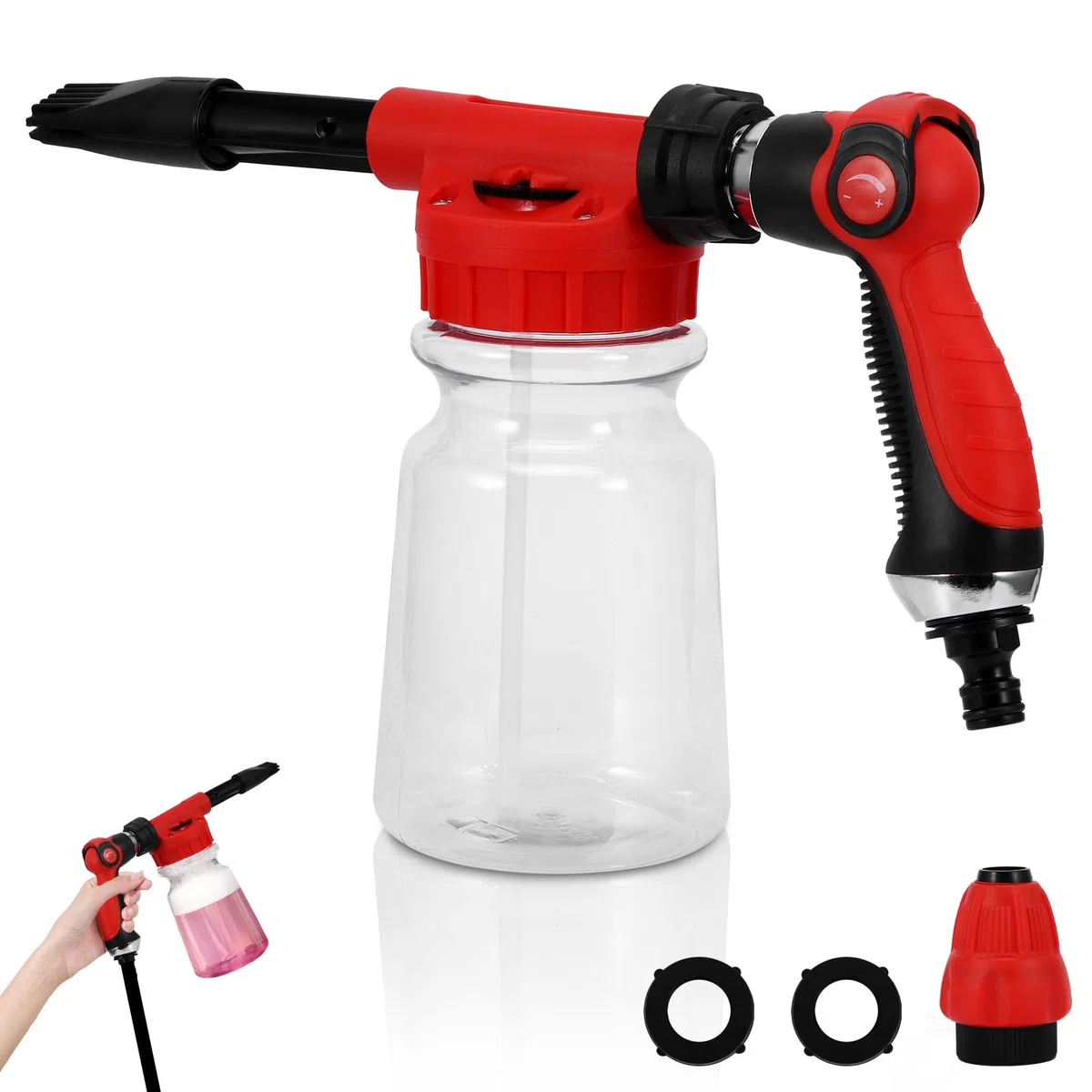 Pistola de Espuma de Nieve, 1000ML Ajustable Pistola De Espuma Limpiadora, Pistola de Espuma Coche Cañón Espuma Nieve Puede Conectar Rápidamente Mangueras de Jardín (Rojo)
