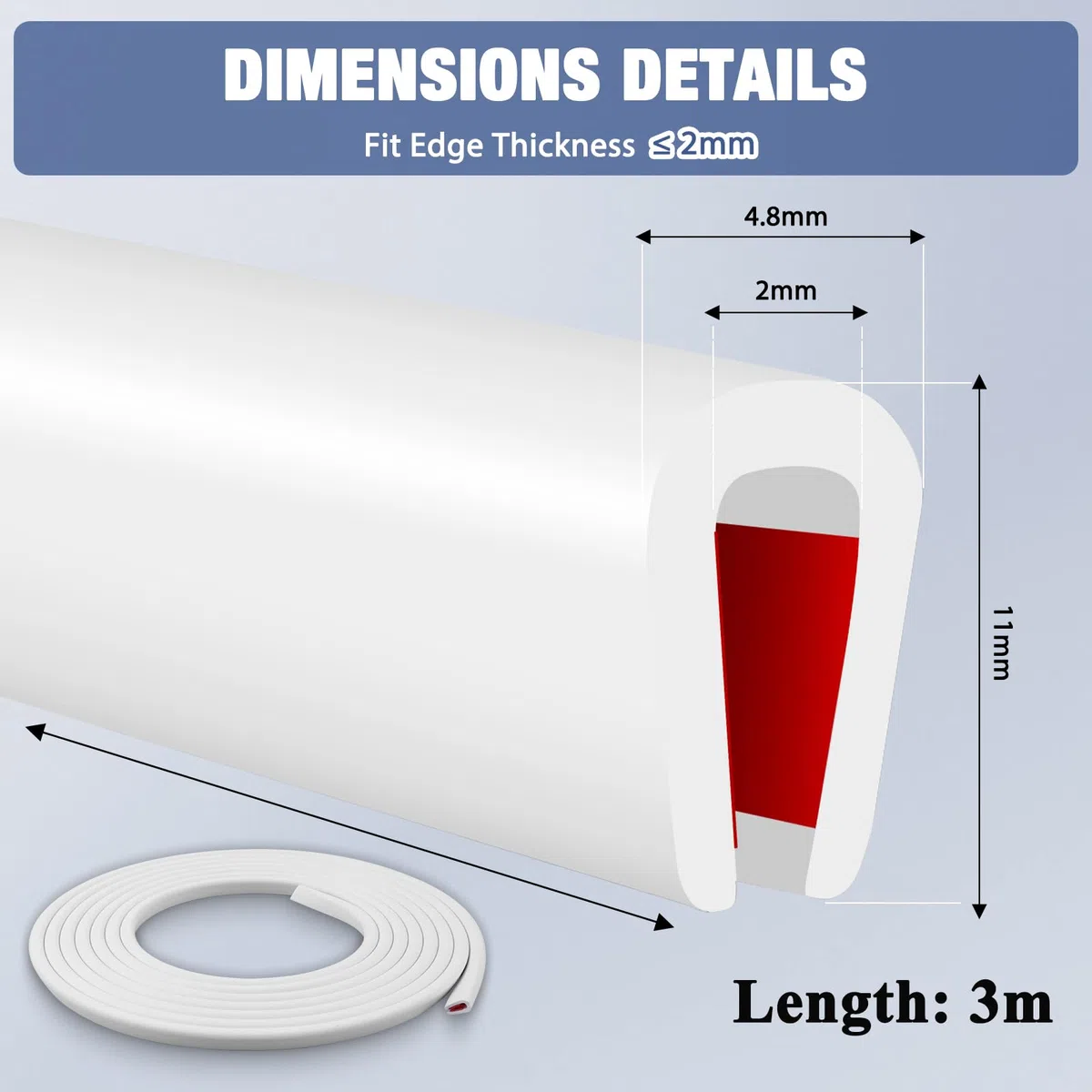 Junta de goma adhesivo protector de borde blanco perfil de goma en u junta para puerta coche cristal metal (3m, 2mm)