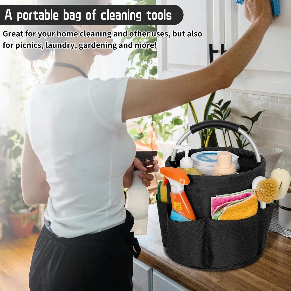 Organizador de limpieza plegable con asa - Cubo de limpieza - Bolsa de herramientas de limpieza multibolsillos para limpiadores y amas de casa, negro