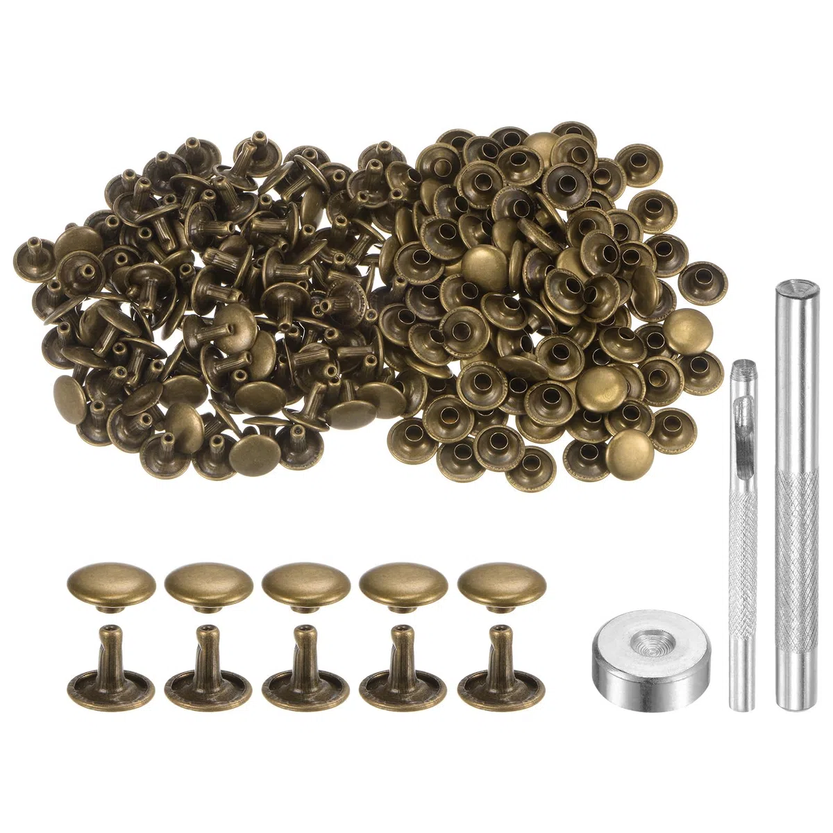 QUARKZMAN 100 Juegos Remaches de Cuero 8 x 10 mm Remaches de Metal de Doble Tapa Broches de Presión Sujetadores con 3 Herramientas de Instalación para Cuero Manualidades Bronce