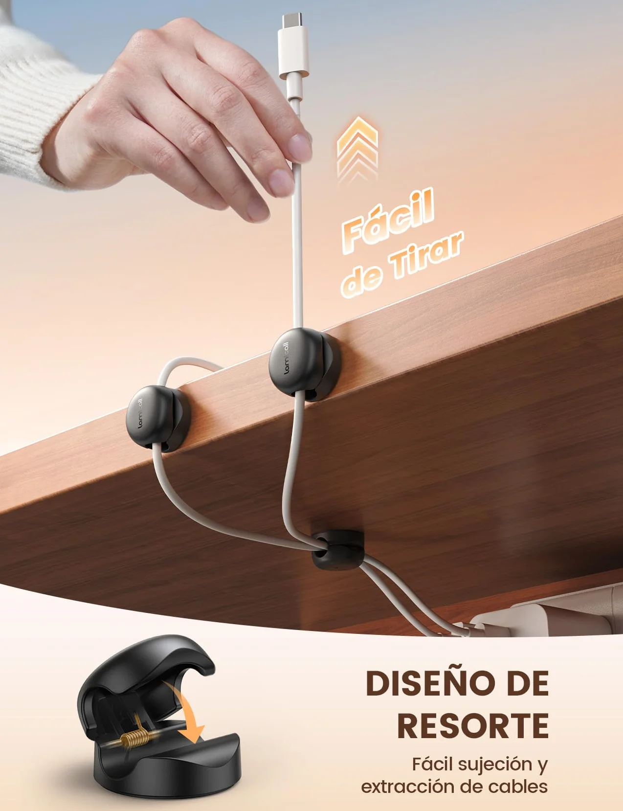 Lamicall [6 Piezas] Clip de Cable de Resorte - [Super Mini & Ahorro Espacio] Organizador Cable Autoadhesivo Sin Residuos, Clip Cable para HDMI, USB, PC, TV, Hogar, Cocinas, Oficina, (8mm) - Negro