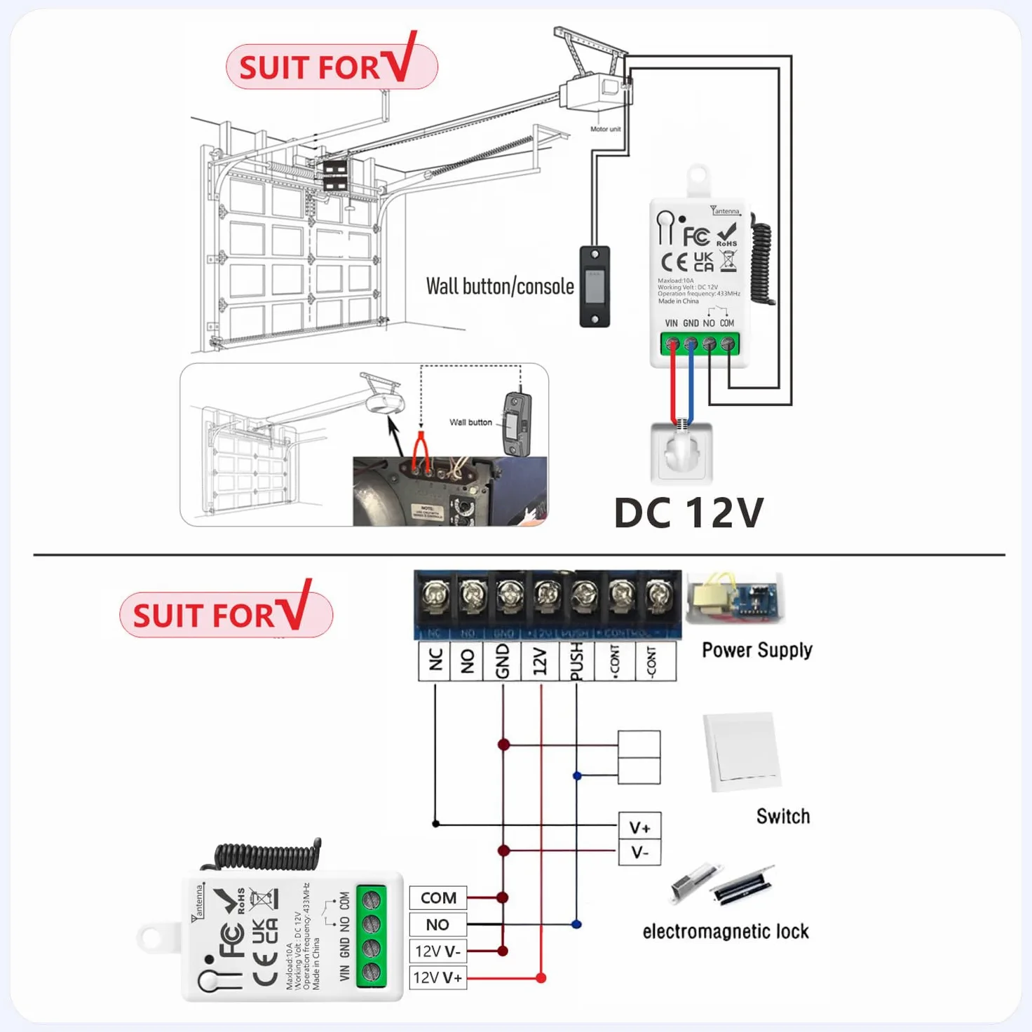 433Mhz Universal DC 12V 1CH Interruptor De Control Remoto Inalámbrico Módulo Receptor De Relé RF Con 1 Transmisore, Controlador De Contacto Seco Pasivo, Para Sistema De Puerta De Garaje