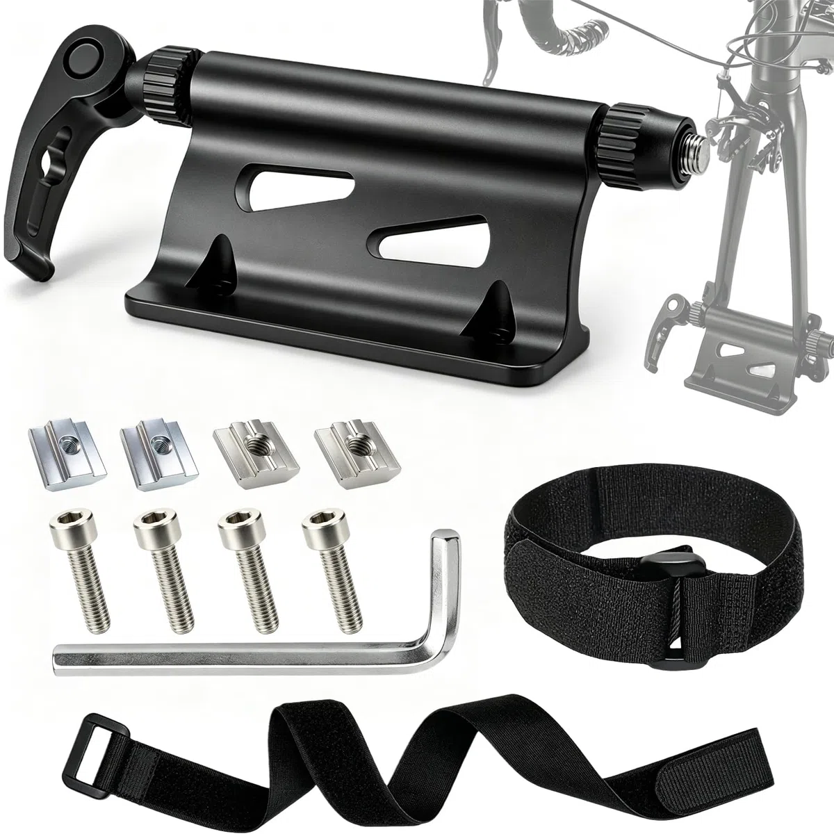 1 Soporte para Horquilla de Bicicleta Aluminio Accesorio Porta Bicicleta para Coche para Cierre rápido 9 mm con Cinta de Velcro y Tuercas para fijación Segura en tableros de Madera y Suelos de Garaje