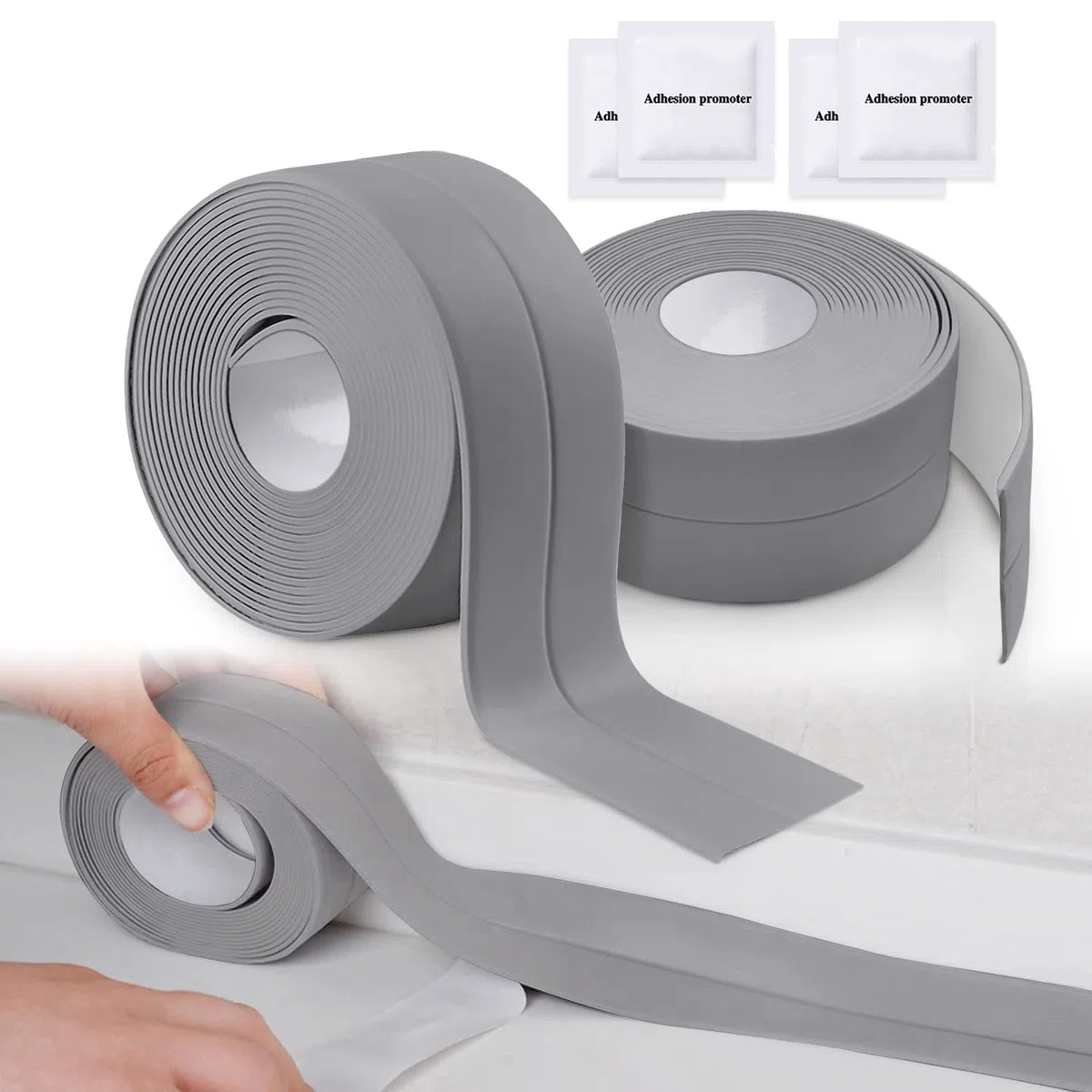 2 Rollos Cinta Selladora Autoadhesiva,Cinta de Calafateo Impermeable para Fregadero de Cocina Baño Bañera Juntas de Pared (gris)