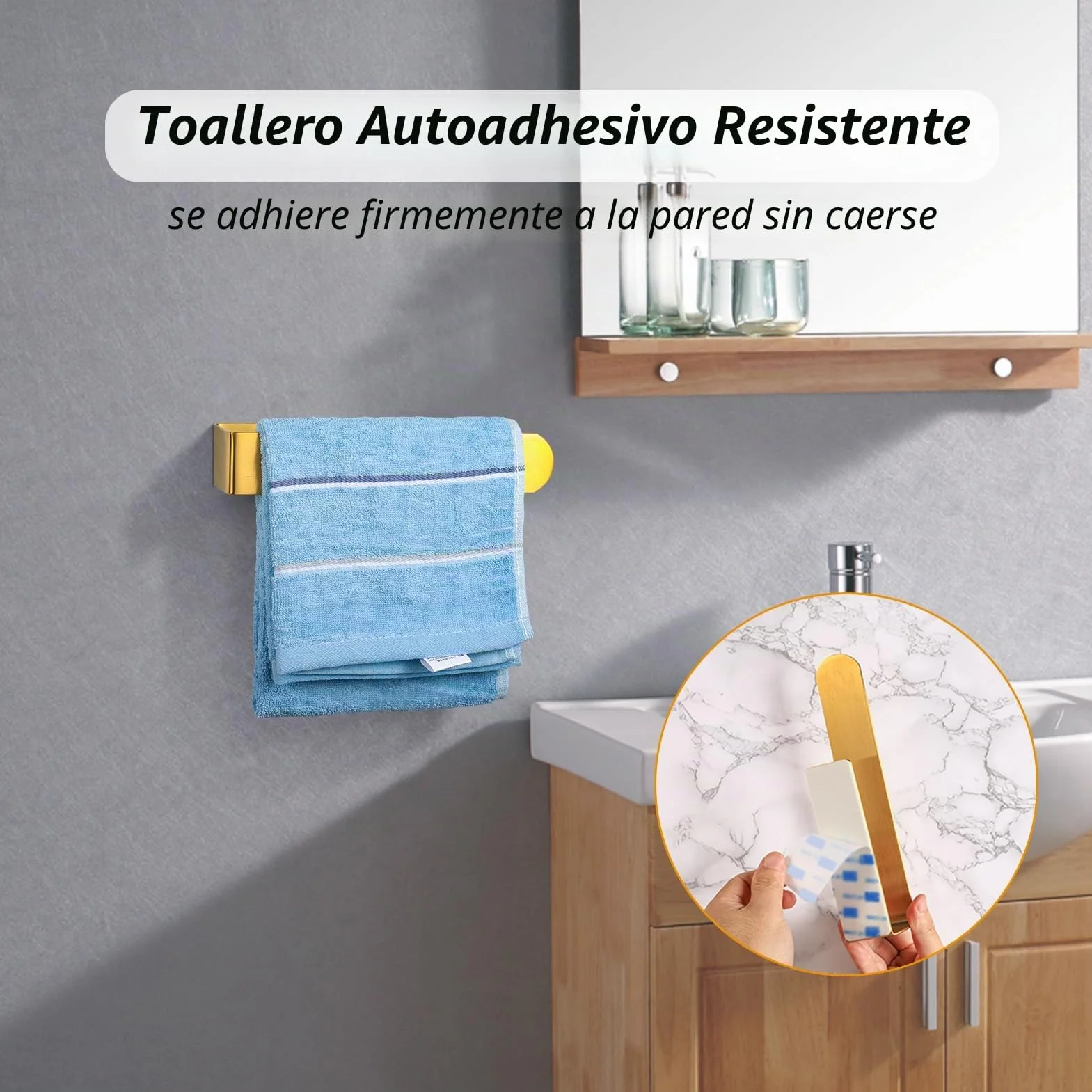 YUET Toallero Adhesivo Barra Anilla Acero Inoxidable SUS304 para Baño Cocina, Dorado