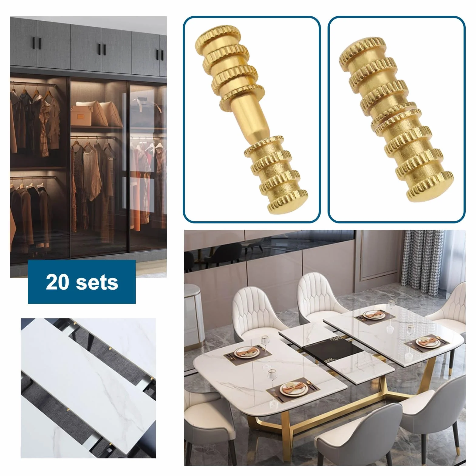 Juego de 20 conectores de manga de perno de mesa, punto central de perforación precisa, juego de cobre para mesa de comedor, pasadores de pasador de madera, muebles, gabinete, mesa, silla