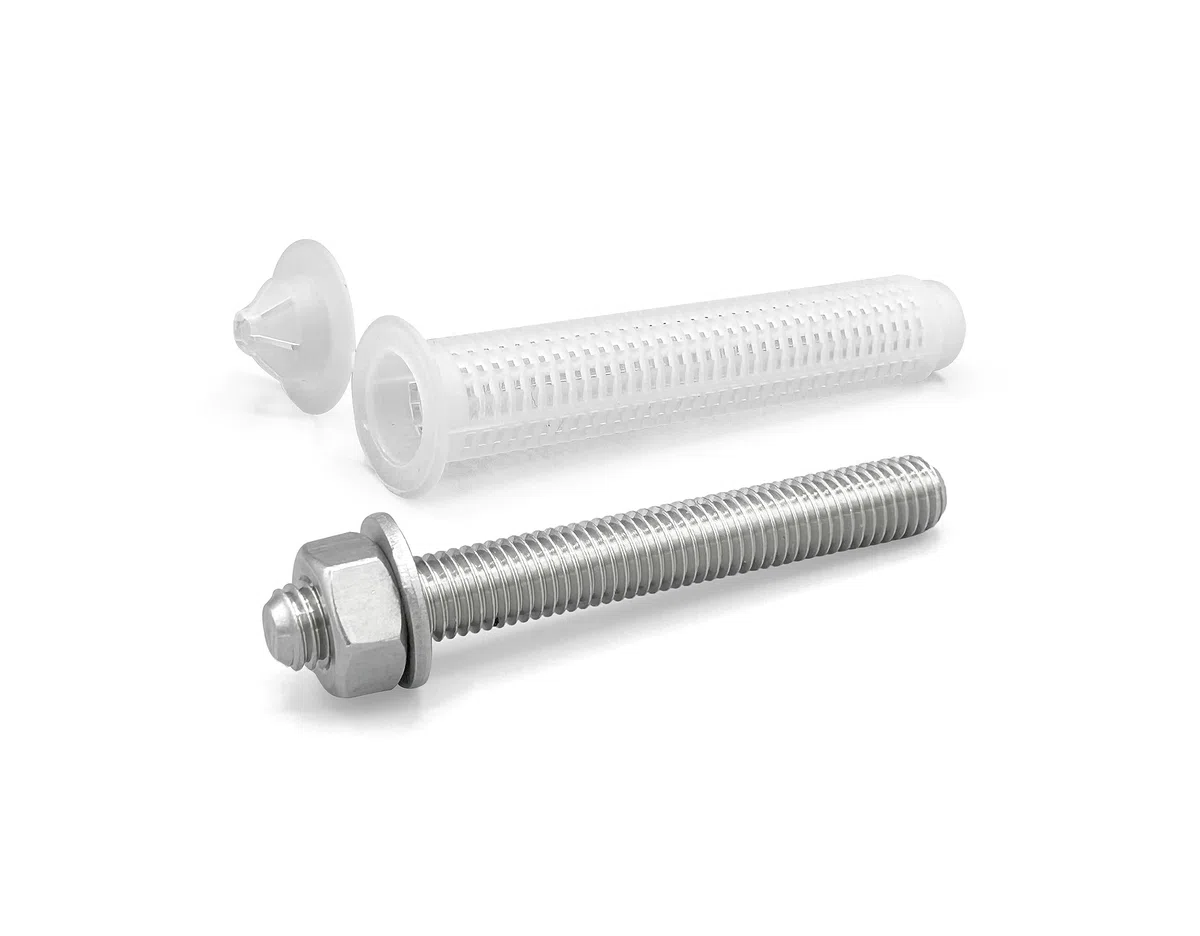 Varilla roscada con tuerca y arandela para anclaje quimico. Acero inoxidable. M8 x 110 mm. Incluye tamiz de nylon (15 x 85 mm) para fijación en ladrillo/hormigón hueco (8 +8 unidades)