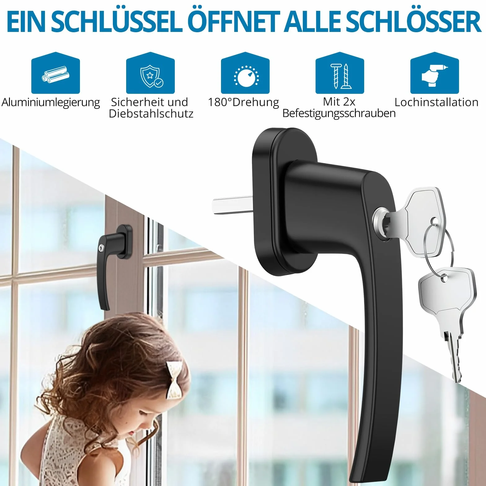 AUTOUTLET Manijas de Aluminio para Ventanas, Manijas de Seguridad, Cerradura de Ventana, Dispositivo de Seguridad para Niños, Manija de Puerta de Balcón de Ventanas con Llaves Iguales (2pcs Negro)