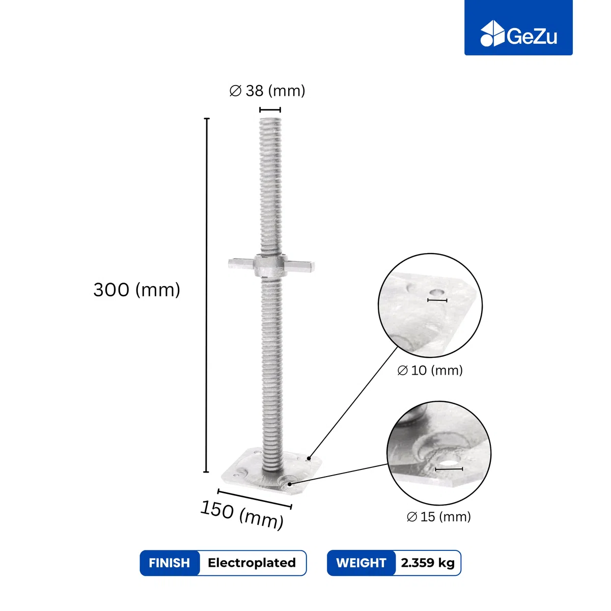 GeZu Impex Gato de Base para Andamios 300 x 38 mm Electrochapado Ajustable en Altura Gato de Nivelación con Tornillo para Base de Andamio