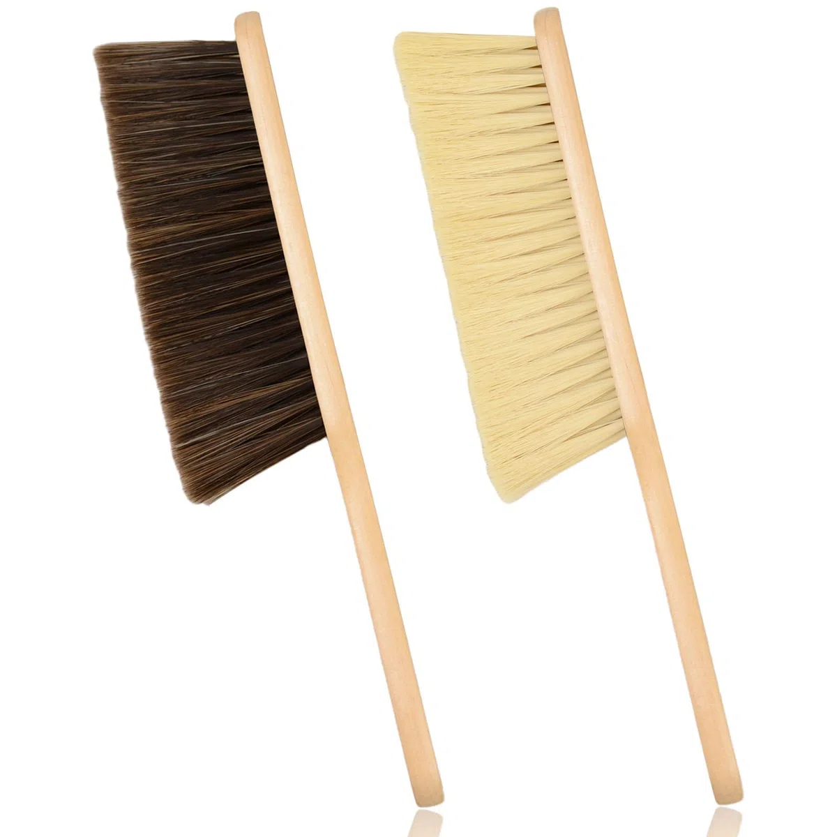 Woooden - 2 cepillos para polvo de mano con mango largo de madera, cepillo de cerdas suaves para encimera, cama, sofá, coche, chimenea, ropa, limpieza del hogar (marrón, caqui)