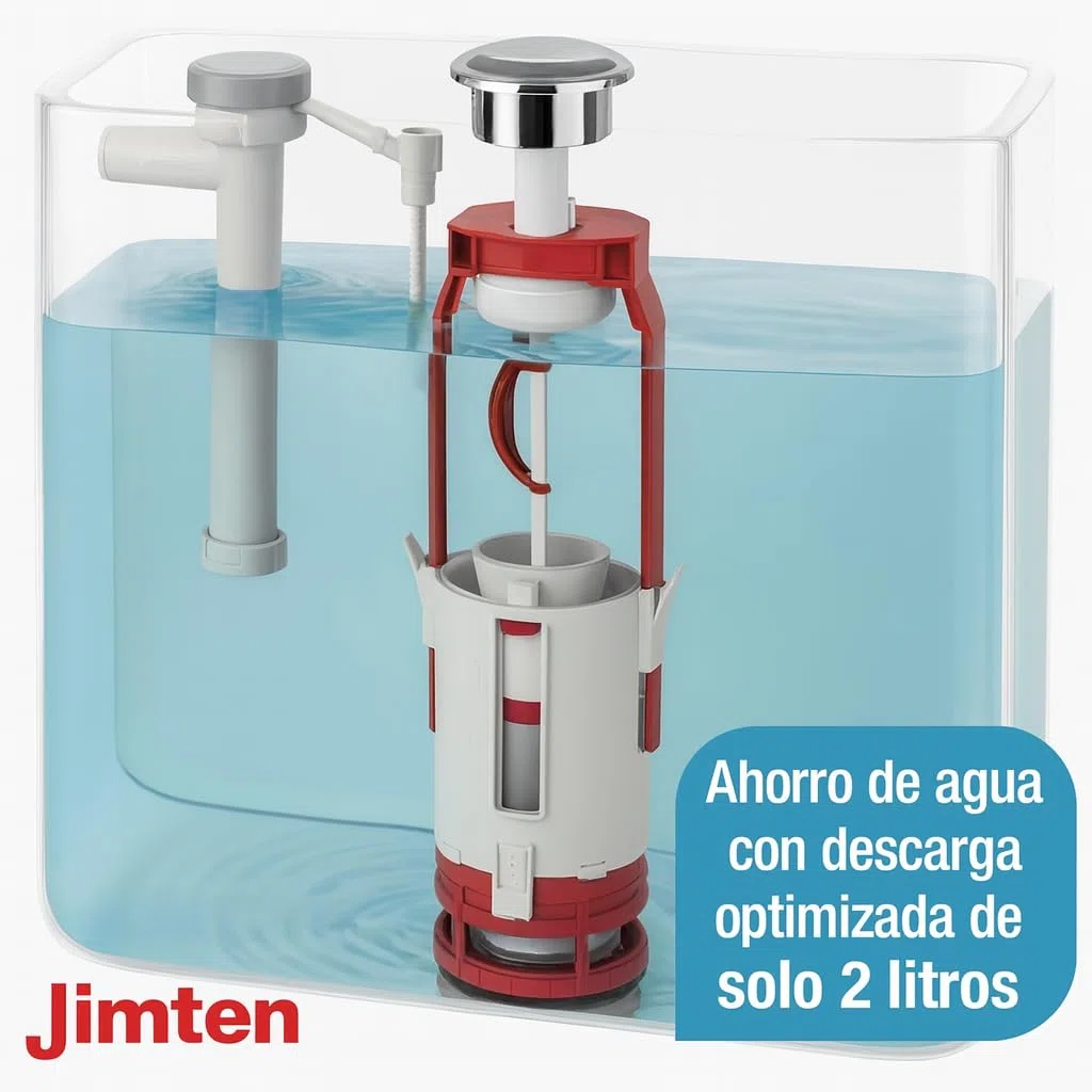 Jimten - Mecanismo Universal de Descarga WC Doble Pulsador S-584| Ahorro de Agua 3/6 L | Compatible con Cisternas Roca, Gala, etc. | Fácil Instalación y Altura Regulable