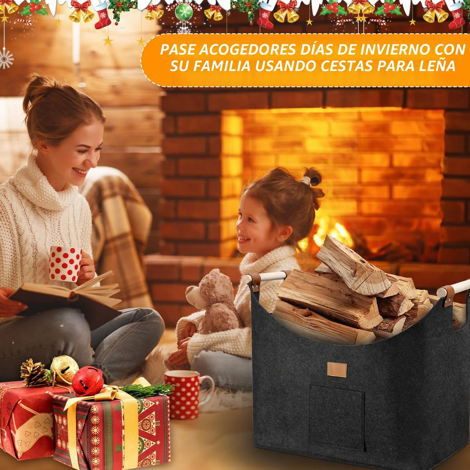 Cesta de Leña, 96L Cesta para Leña de Chimenea, Plegable Bolsa de Fieltro para Leñas, Cesta para Leñas con Asas, 60x40x40 Cestas Leñas, Cestas de Fieltro para Leñas de Chimenea, Gris Oscuro