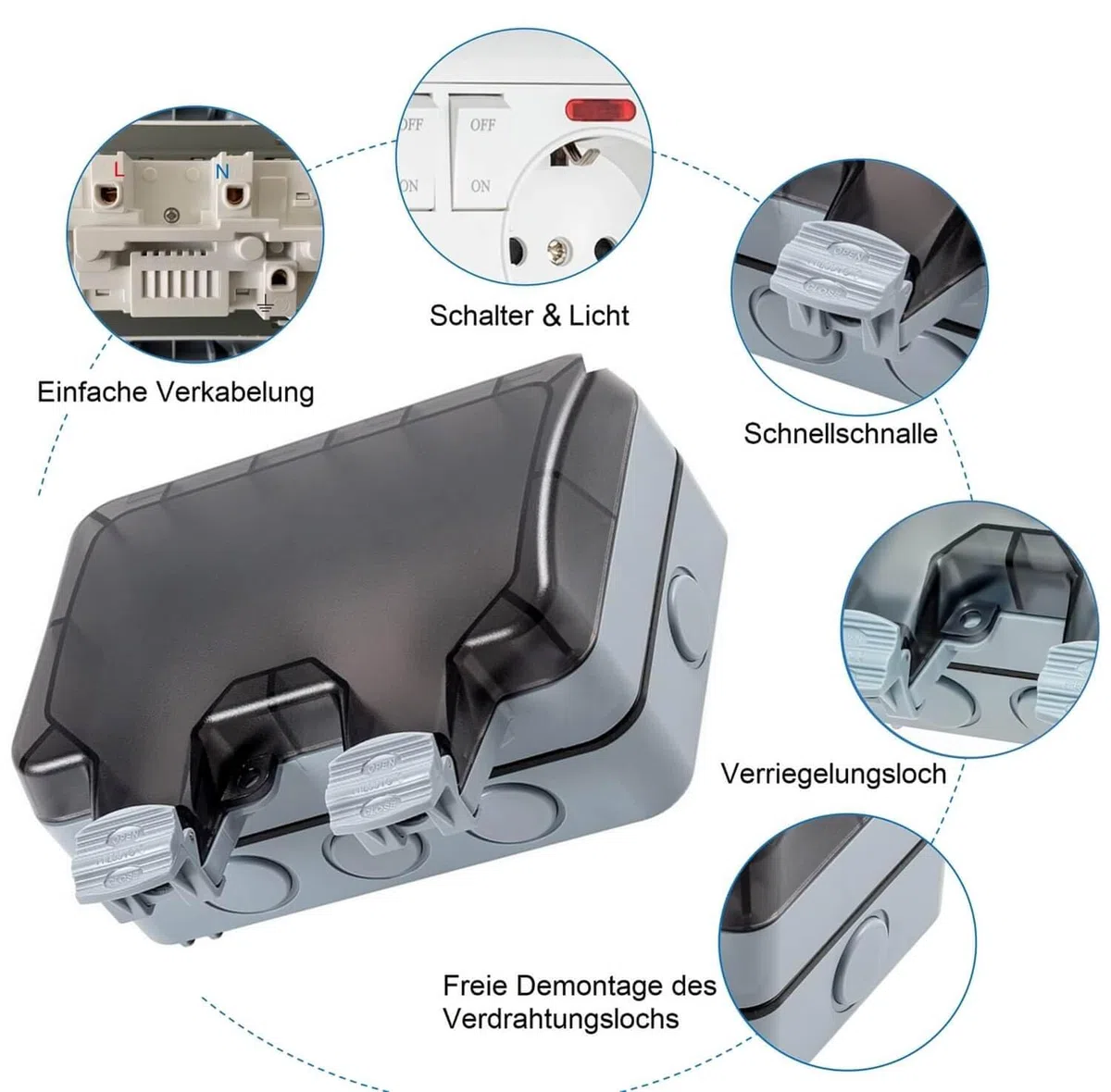 Enchufe Pared Superficie Exterior Estanco, Enchufe Superficie Doble Exterior Impermeable, Toma de Corriente IP66 con Interruptor y Luz, 16A, Gris