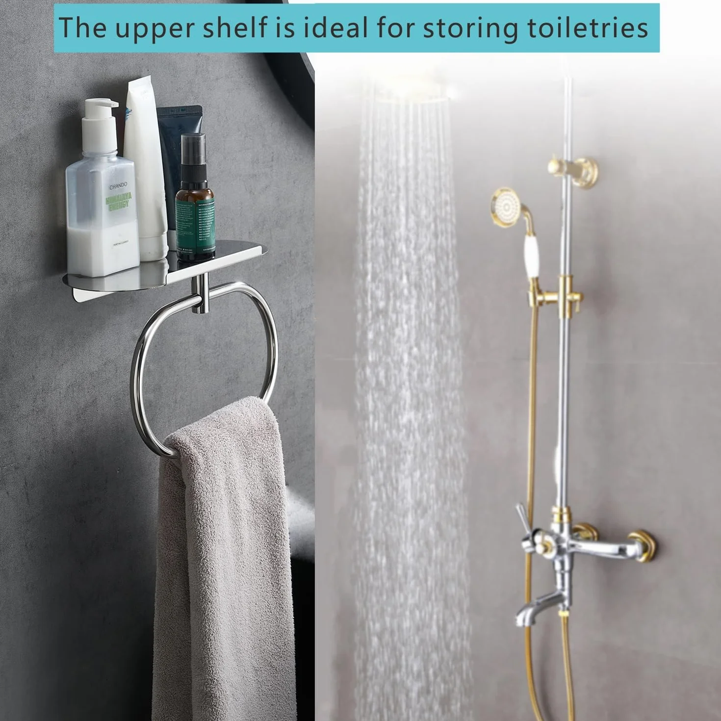 Anillo de Toalla con Estante de Acero, Soporte Adhesivo de Acero Inoxidable, Anillo de Toalla de Mano Autoadhesivo para Baño, Colgador de Toallas Montado en la Pared para Baño (Cromado)