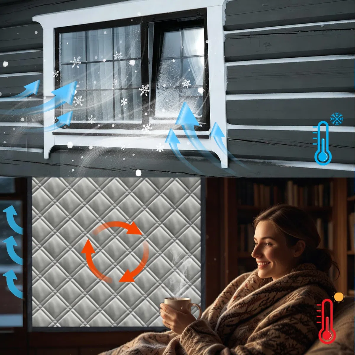 Cubierta de ventana aislada de invierno de 120 x 160 cm, mantiene el frío o el calor fuera, ruido resistente al viento, kit de aislamiento de ventana de edredón grueso para mantener el calor en