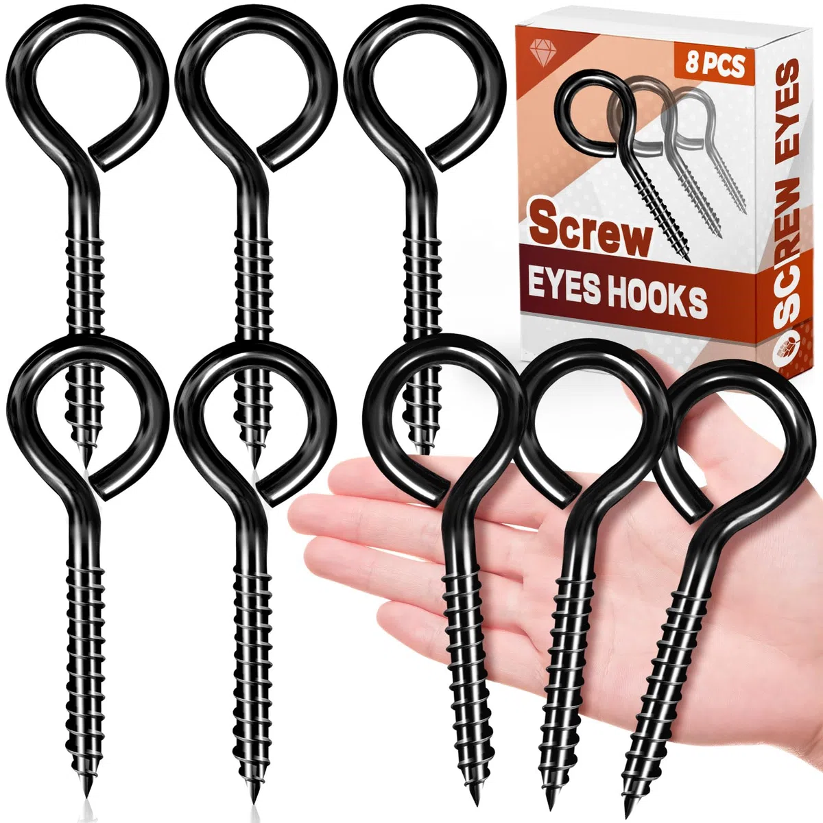 Ojos de tornillo de acero inoxidable de 5 pulgadas, paquete de 8 tornillos de ojo, tornillo de gancho negro para madera, tornillos de ojal autorroscantes, cables de seguridad, ganchos resistentes para