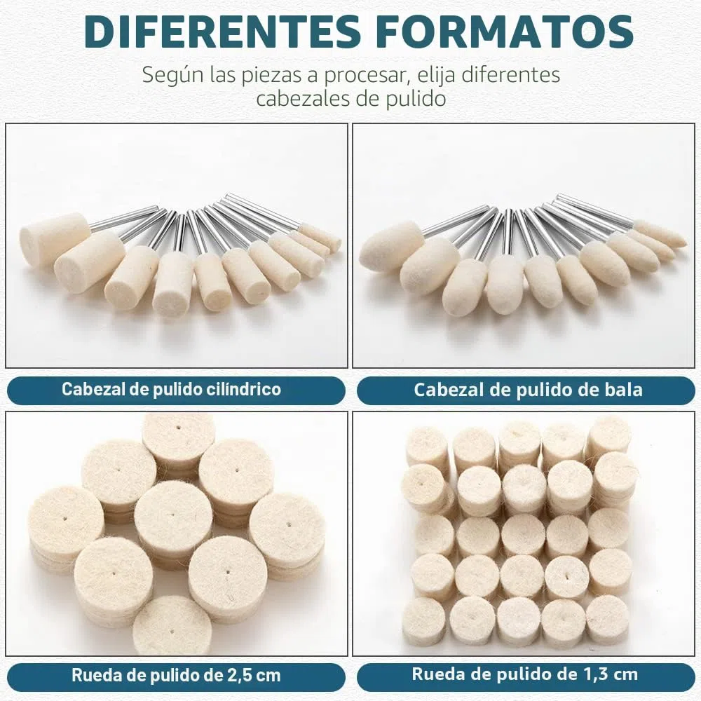 Ruedas de Pulir de Lana Compatible con Dremel, Accesorios de Pulido para Herramientas Rotativas con Vástago de 1/8", Kit de Pulir para Metal Vidrio Joyería