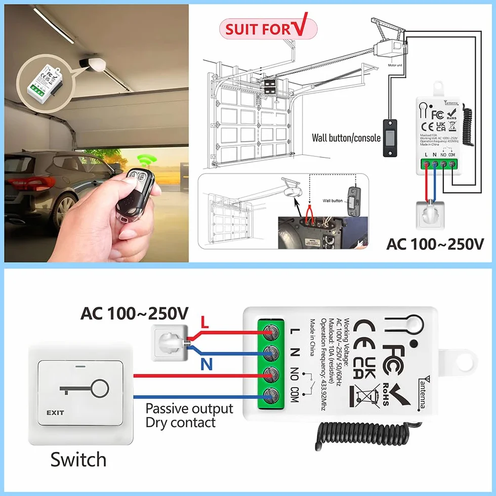 Interruptor de Control Remoto Inalámbrico 220V 230V 110V 1 Canal 433Mhz Radio Control Relé Receptor con 2 Transmisor keyfobs Contactos libres de potencial Relé para Luz/Ventilador/Abrepuertas