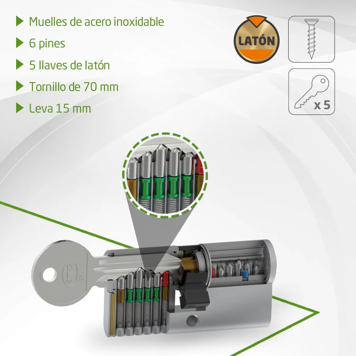 Amig - Cilindro de seguridad Mod. 9800 - Cerradura para puertas - Leva larga de 15mm - Sistema antitaladro - Incluye 5 llaves - Dorado - Medidas: 70 (30-40 mm)
