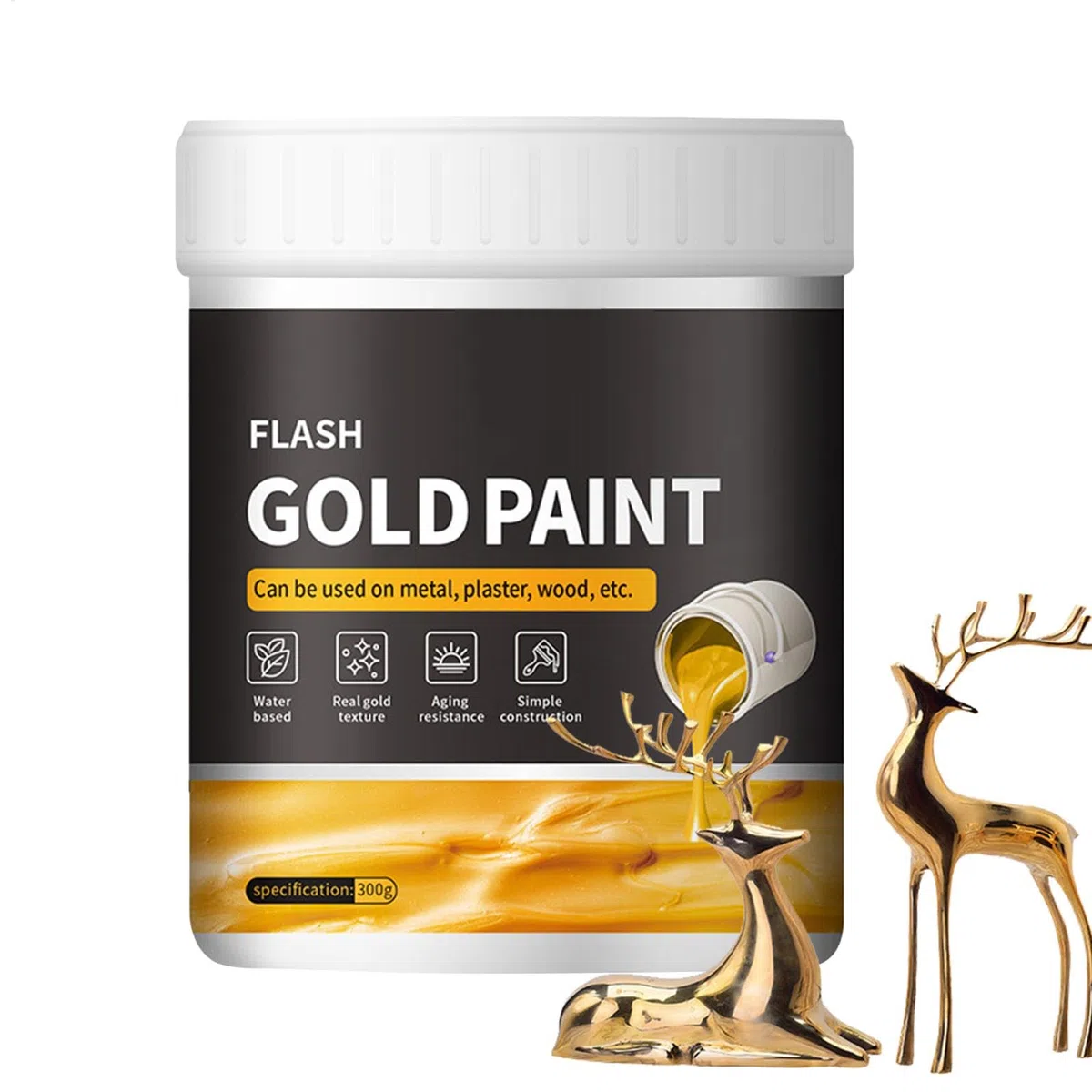 Pintura de oro líquido, 300 g, Pintura de pan de oro que no se decolora, Suministros fáciles de aplicar, Metal, yeso, madera