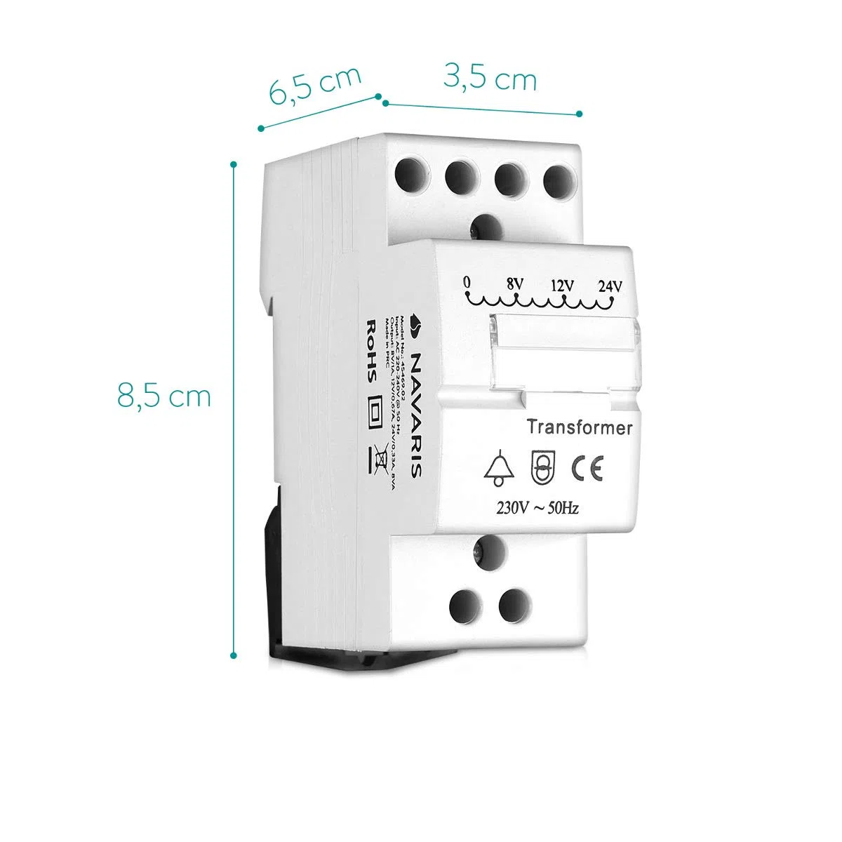 Navaris Transformador Timbre 8V 12V 24V - Transformador para Timbre de Puerta con Instalación en Carril DIN - Apto para Timbres con una Potencia de hasta 8VA