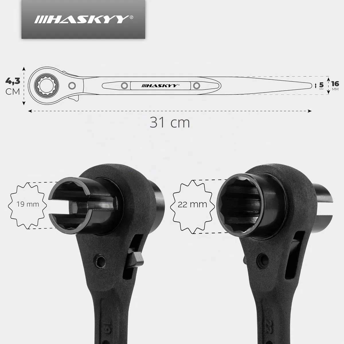 HASKYY Llave de trinquete para andamios con ranura para tuerca de ala de 19/22 mm, trinquete y llave inglesa convertible derecha/izquierda - Doble punta 4 en 1 herramienta