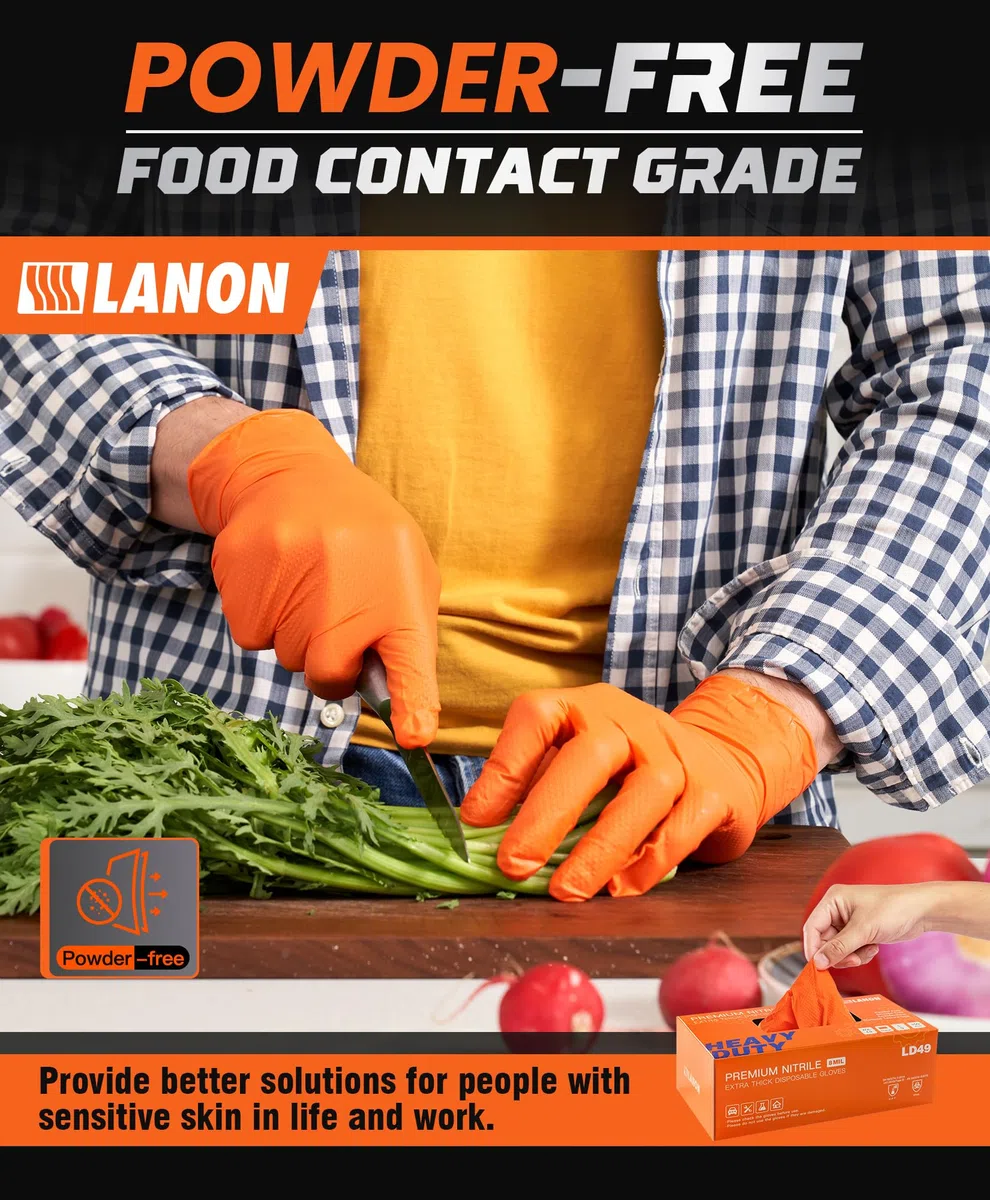 LANON 8 Mil Guantes Nitrilo, Naranja Guantes Desechables, Heavy-Duty, Mecánico, Apto para Alimentos, Sin Látex, Sin Polvo, Totalmente con Textura de Diamante, Talla L