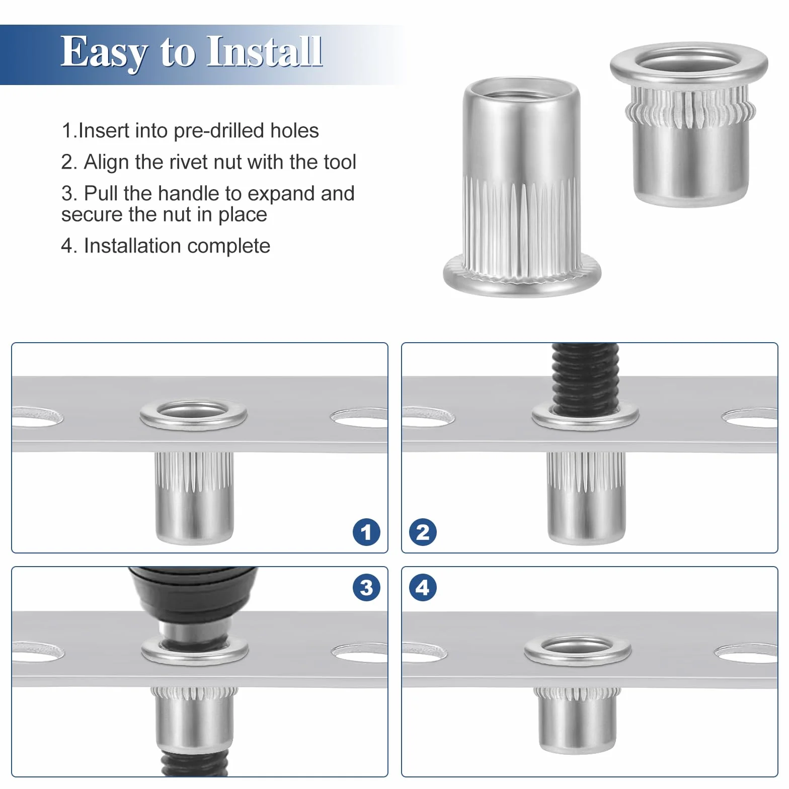 HSeaMall Tuerca remachada de acero inoxidable Cabeza plana Inserto roscado Remache Casquillo Nutsert M6 Herramienta de instalación 50PCS(M6 Type)