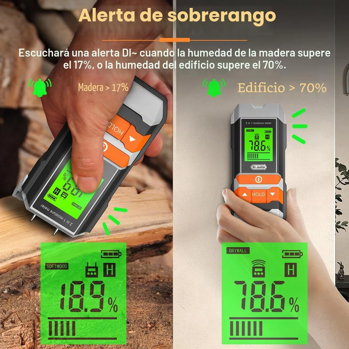Medidor de Humedad, Dr.meter 2 in 1 Sin Pines Medidor Humedad Pared con Pantalla LCD 4 Modos de Medición para Madera, Material de Construcción, Paredes de Leña, Suelo de Papel