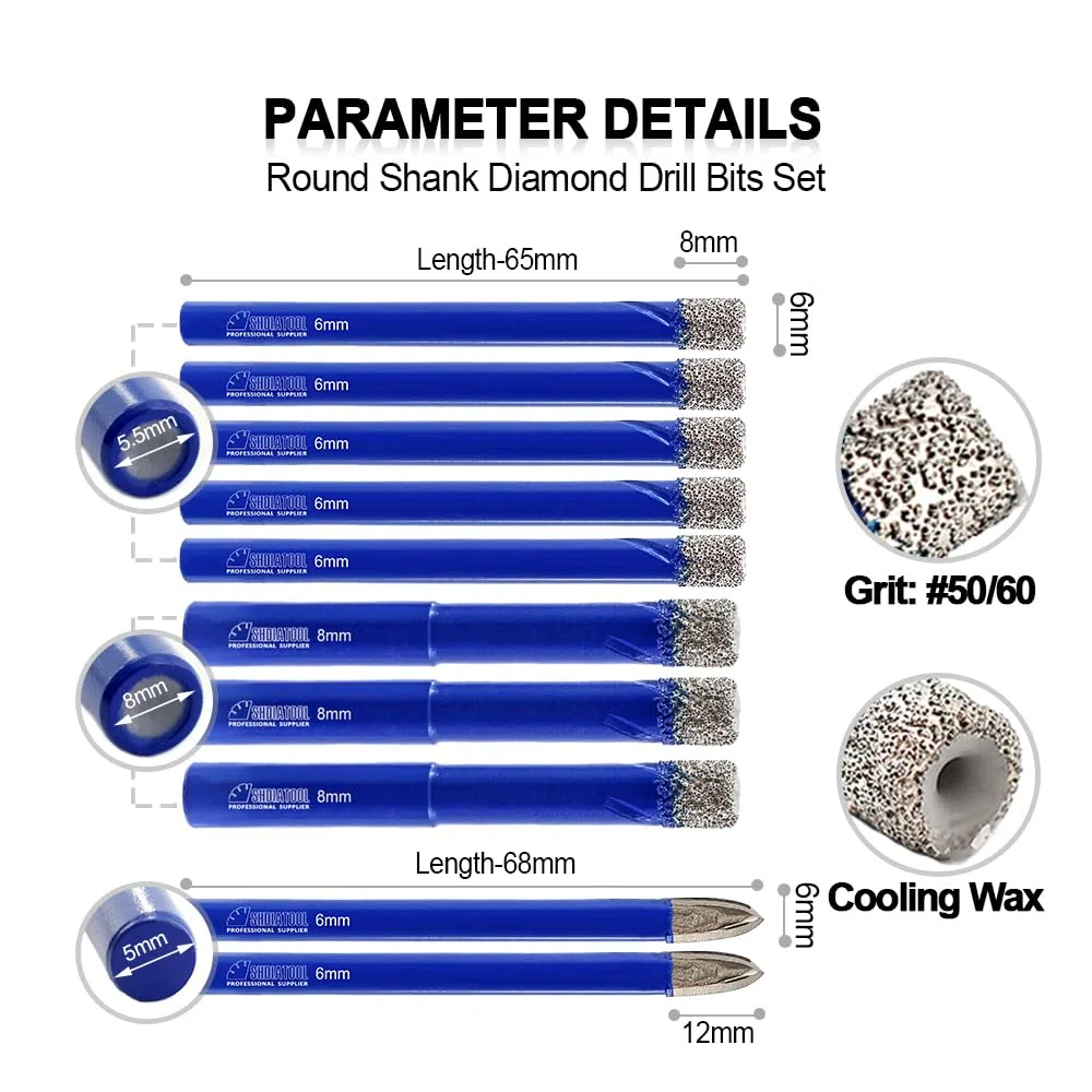 SHDIATOOL Brocas de diamante 6mmx5 8mmx3 con punta de carburo de perforación 6mmx2, Brocas sacanúcleos con vástago