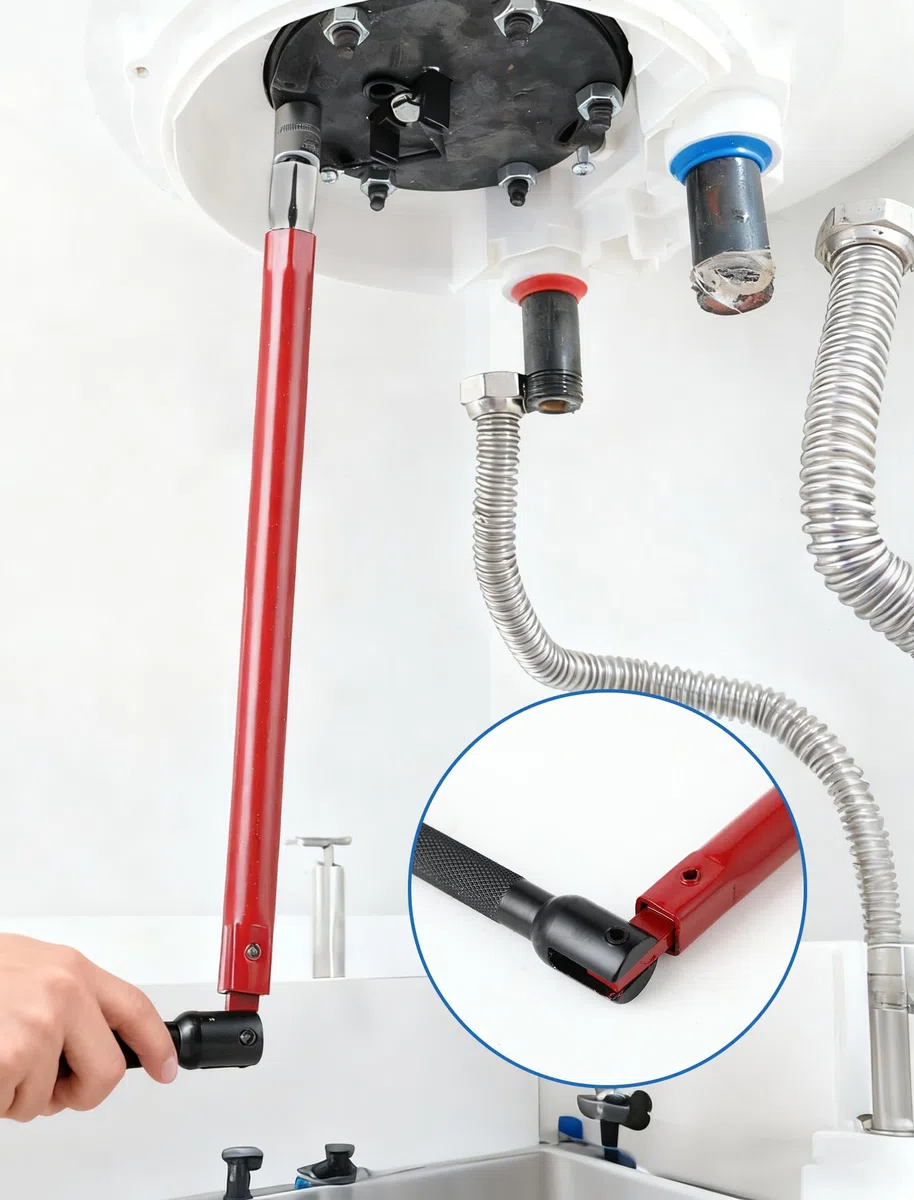 Herramienta lavabo, llaves de tubo y llave grifa para grifo de pie y asiento WC, ajustable 8–12 mm, robusta para grifería e instalaciones sanitarias.