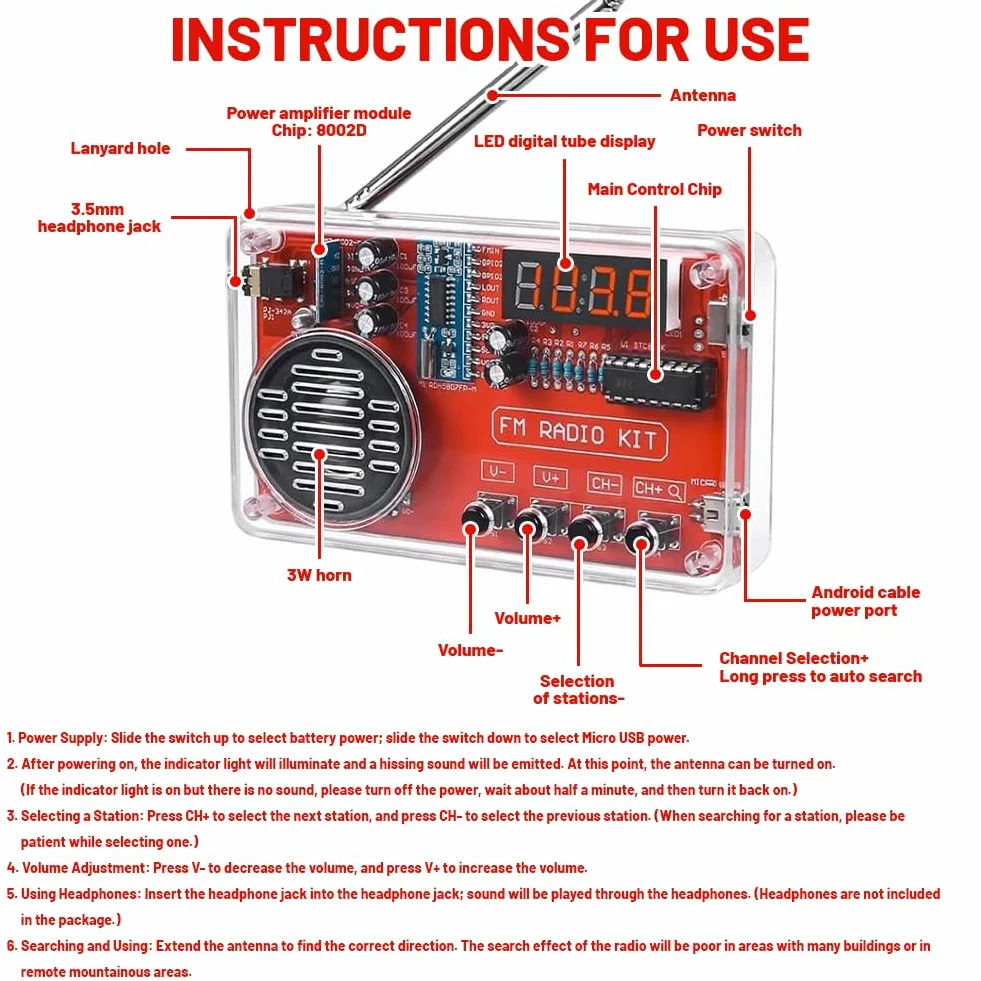 Kit de ejercicios de soldadura electrónica con radio digital y pantalla, kit de construcción electrónica DIY con módulo de carga para principiantes, estudiantes y formación STEM - Práctico juego de