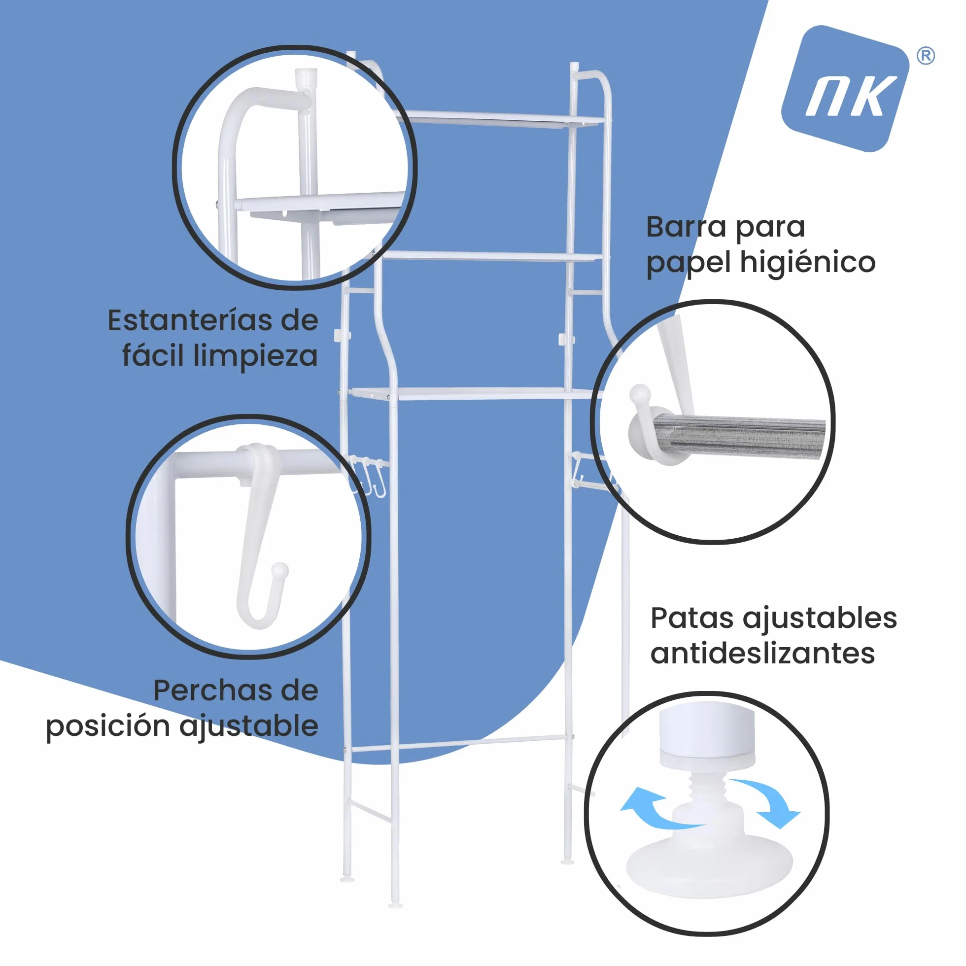 NK Estantería de Baño sobre Inodoro – 153x47x26 cm, 3 Baldas Superiores, 3 Ganchos, Portarrollos, Patas Antideslizantes, Estructura de Hierro y PP, Color Blanco, Montaje Fácil