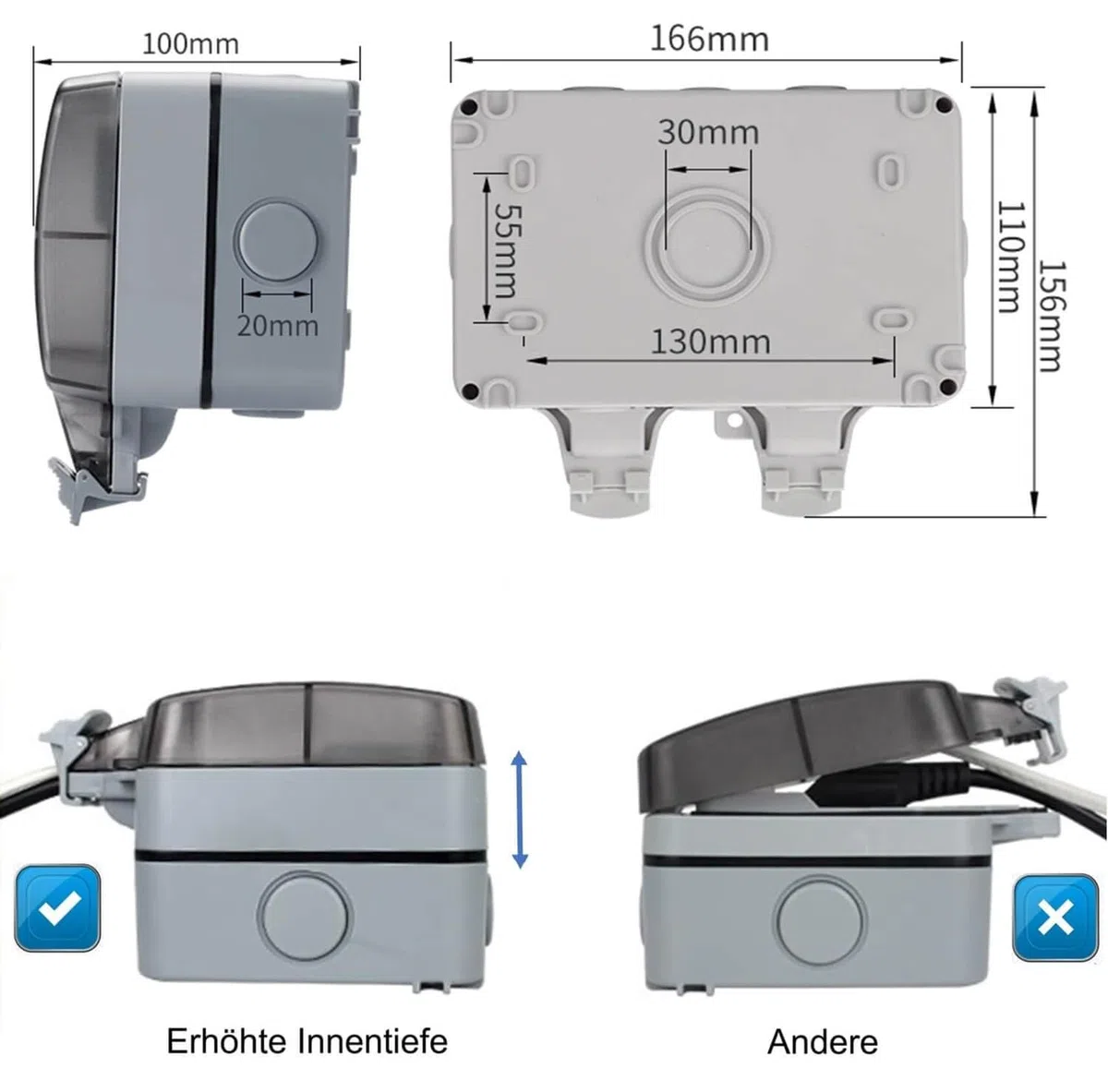 Enchufe Pared Superficie Exterior Estanco, Enchufe Superficie Doble Exterior Impermeable, Toma de Corriente IP66 con Interruptor y Luz, 16A, Gris